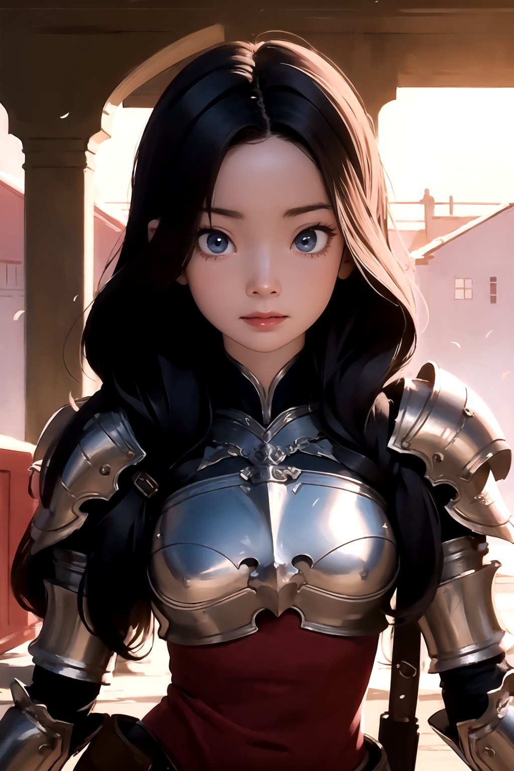 (detailed face:1.2), (looking at viewer:1.2), centered, (upper body), photography of a 22yo woman, masterpiece, | (beautiful detailed eyes:1.2), fluffy hairstyle, light red eyes, armored top, pauldrons, wide hips, lowleg tight pants, | sunset, bokeh, depth of field, | fantasy world, medieval, fantasy town, ,so-hyun.lvl2