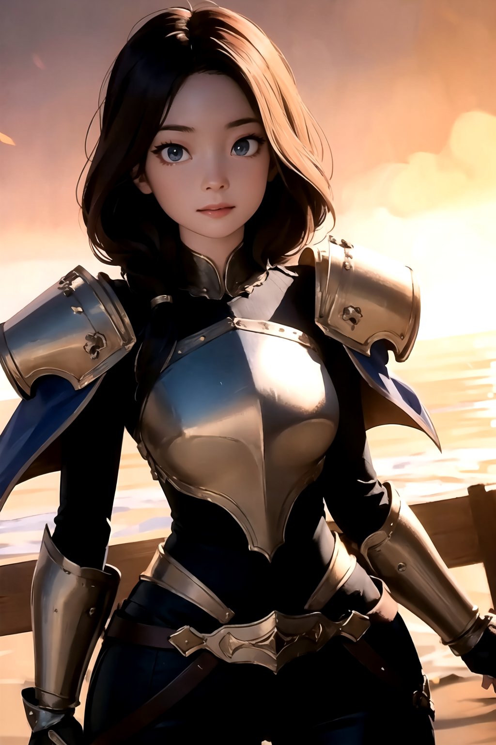 (detailed face:1.2), (looking at viewer:1.2), centered, (upper body), photography of a 22yo woman, masterpiece, | (beautiful detailed eyes:1.2), fluffy hairstyle, light red eyes, armored top, pauldrons, wide hips, lowleg tight pants, | sunset, bokeh, depth of field, | fantasy world, medieval, fantasy town, ,so-hyun.lvl2