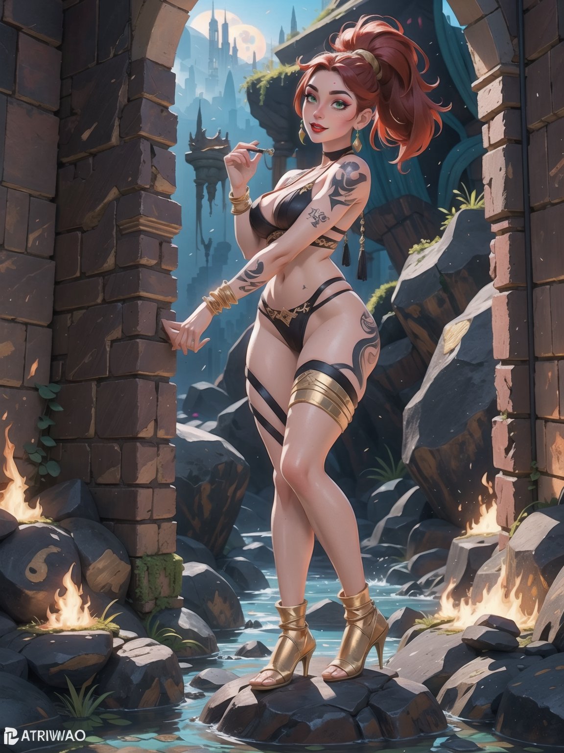 Solo woman, wearing all black Spartan warrior costume with gold bands, black thong with gold bands, very tight and short costume, ((tattoos all over the body)), gigantic breasts, wearing helmet, mohawk hair, red hair, messy hair, hair with ponytail, looking directly at the viewer, she is in an ancient temple on a volcano, lava rivers, large stones, many altars, large stone figurines, stone pillars, ancient armaments, God Of War, 16K, UHD, best possible quality, ultra detailed, best possible resolution, Unreal Engine 5, professional photography, she is, (((iinteracting and leaning on anything+object+on something+leaning against+sensual pose))), better_hands, ((full body)), More detail,