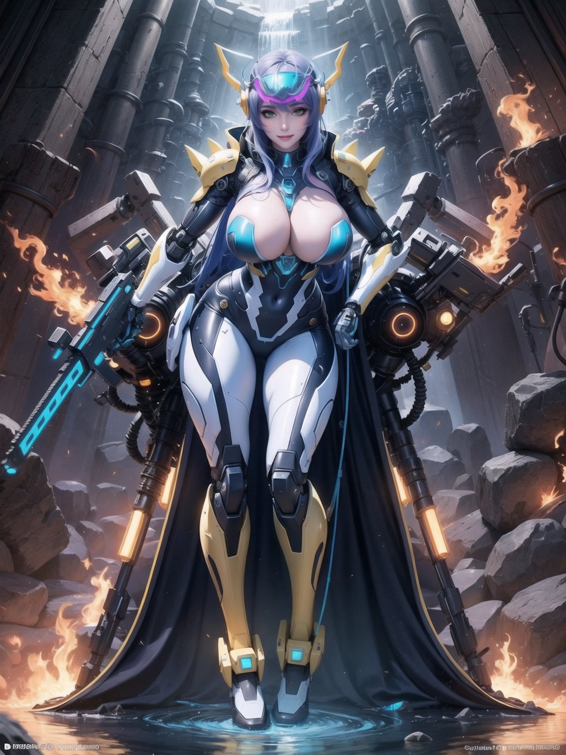 Solo female, ((wearing mecha suit+robotic suit completely white, with blue parts, more yellow lights, suit with attached weapons, gigantic breasts, wearing cybernetic helmet with visor)), mohawk hair, blue hair, messy hair, hair with ponytail, looking directly at the viewer, she is, in a dungeon, with a waterfall, large stone altars, stone structures, machines, robots, large altars of ancient gods, figurines, Super Metroid, ultra technological, Zelda, Final Fantasy,  world_of_warcraft, UHD, best possible quality, ultra detailed, best possible resolution, Unreal Engine 5, professional photography, she is (((Sensual pose with interaction and leaning on anything+object+on something+leaning against))), better_hands, ((full body)), More detail