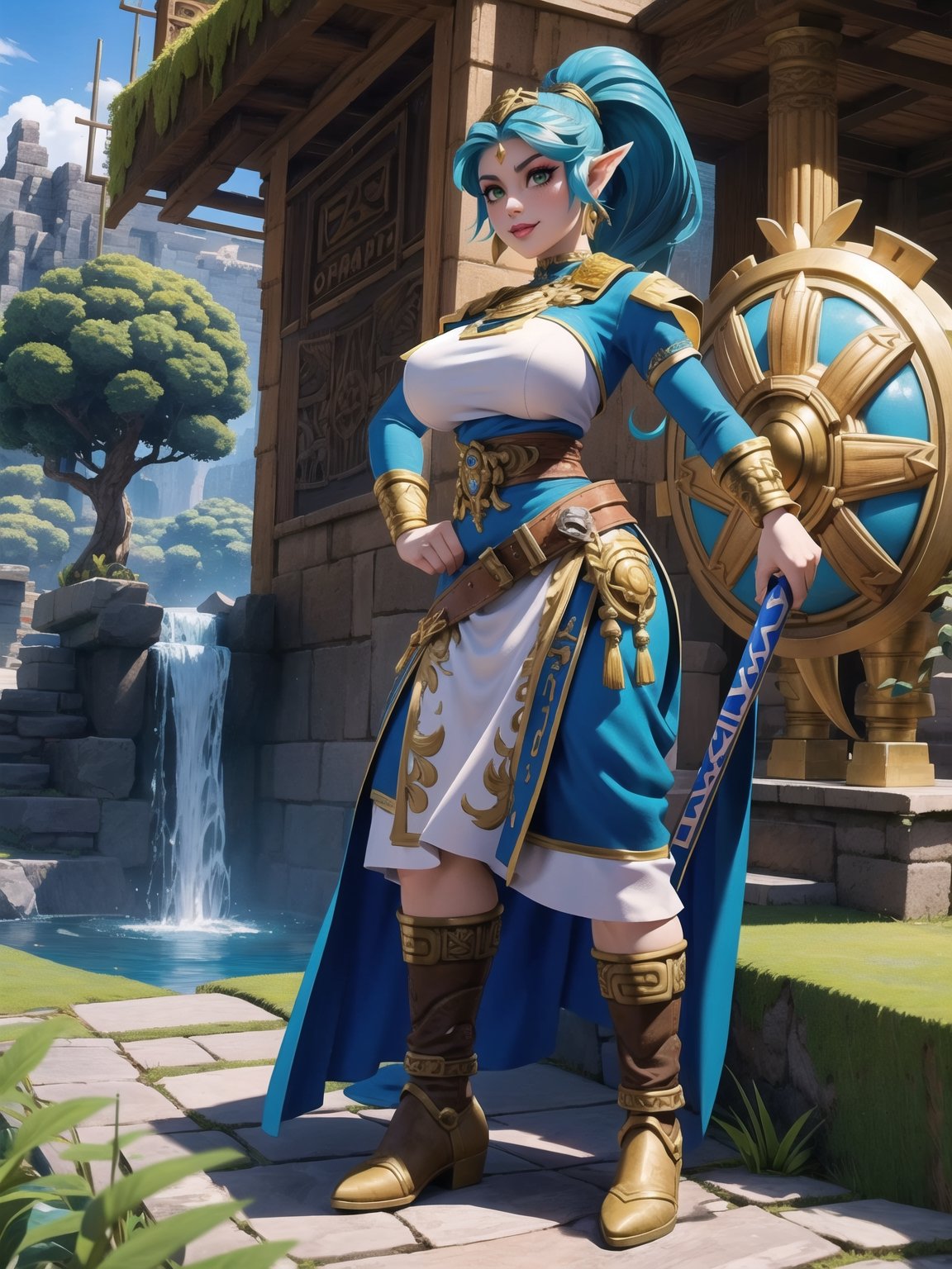 Solo woman, ((sheikah costume)), blue T-shirt with Golden parts, short white skirt with Golden props, gigantic breasts, mohawk hair, blue hair, messy hair, hair with ponytail, looking directly at the viewer, she is, on a mountain, with many monsters, robots, large ancient machines, many stones, 1water, large pillars, stone altars, zelda tears of the kingdom, 16K, UHD, best possible quality, ultra detailed, best possible resolution, Unreal Engine 5, professional photography, she is, (((iInteracting and leaning on anything+object+on something+leaning against+sensual pose))), better_hands, ((full body)), More detail