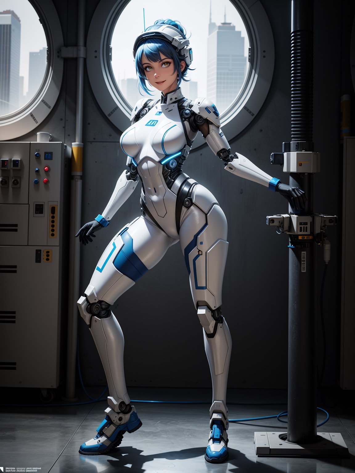 A woman, white robotic suit with blue couplings, suit with circular lights, very tight costume, monstrously giant breasts, blue hair, short hair, hair with ponytail, helmet on the head, looking at the viewer, ((pose interacting and leaning [on something|on an object])), in an aircraft with many machines, equipment, window, ((full body):1.5),  16k, UHD, best possible quality, ultra detailed, best possible resolution, Unreal Engine 5, professional photography, fingers and well-structured hand, well-detailed fingers, well-detailed hand, perfect_hands, perfect