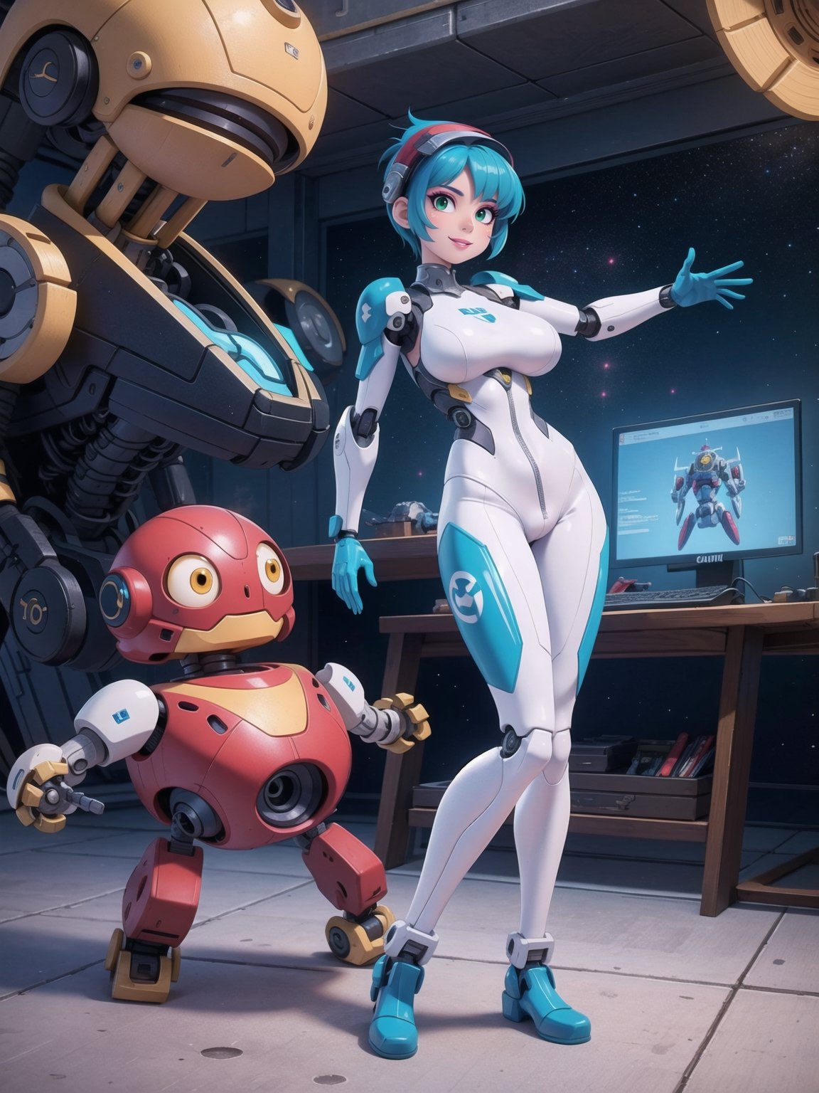 a woman, wearing an all-white mecha suit with blue parts+cybernetic armor+robotic suit, gigantic breasts, wearing a helmet on her head with a visor, blue hair, short hair, mohawk hair, hair with bangs in front of her eyes, looking directly at the viewer, in a space aircraft, with many machines, large structures, computers, windows, elevators, light pipes, robots, ((sensual pose with interaction and leaning on + object+on something + leaning against):1.3), 16K, UHD , unreal engine 5, super metroid, (full body:1.5), quality max, max resolution, ultra-realistic, ultra-detailed, maximum sharpness, perfect_hands, better_hands, more detail,