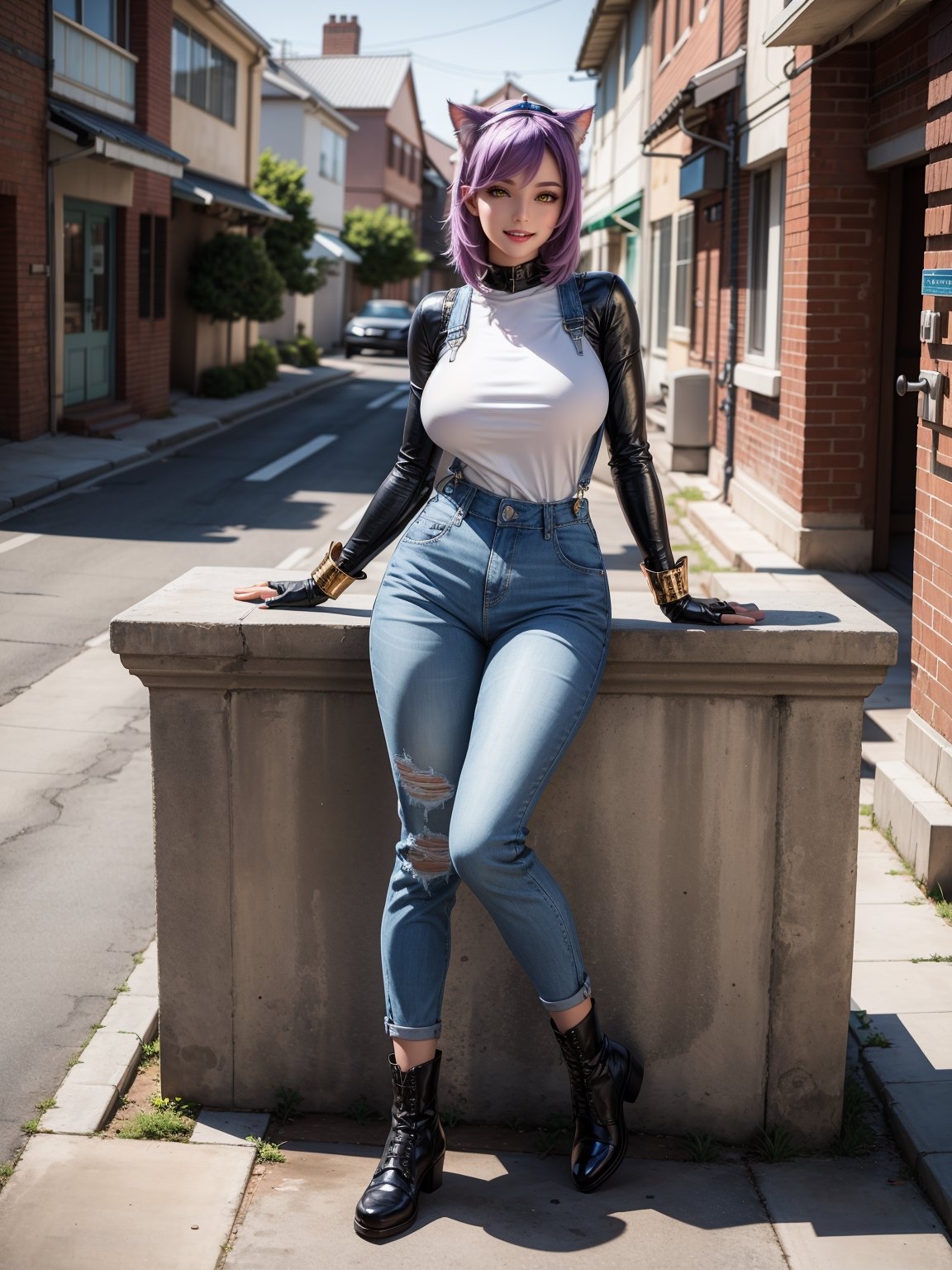 A woman, wearing blue jeans overalls, white t-shirt, leather boots, tight clothes, gigantic breasts, purple hair, short hair with a ponytail, ((cat ears on her head)), looking at the viewer, ((posing with interaction and leaning on [something|an object])), in front of a brick house with a chair, structures, mailbox, it's daytime, ((full body):1.5), 16k, UHD, best possible quality, ultra detailed, best possible resolution, Unreal Engine 5, professional photography, hand and fingers well done, well-structured fingers and hands, well-detailed fingers, well-detailed hand, perfect_hands, perfect, ((cat woman))