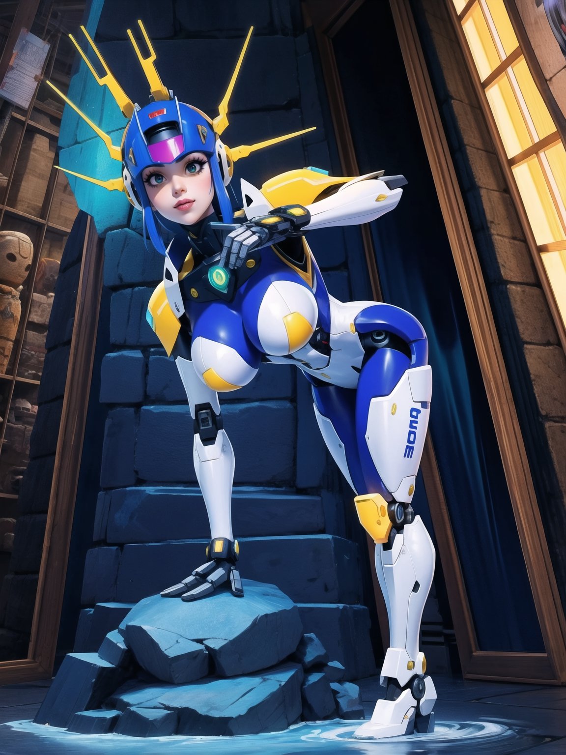 Solo woman, ((wearing mecha suit+all-white robotic suit, with parts in blue, plus yellow lights, suit with attached armaments, gigantic breasts, wearing cybernetic helmet with visor)), mohawk hair, blue hair, messy hair, ponytail hair, looking directly at the viewer, she is, on a mountain, with many monsters, robots, large ancient machines, many stones, 1water, large pillars, stone altars, zelda, super metroid, ultra technological, 16K, UHD, best possible quality, ultra detailed, best possible resolution, Unreal Engine 5, professional photography, she is, (((iInteracting and leaning on anything+object+on something+leaning against+sensual pose))),better_hands, ((full body)), More detail