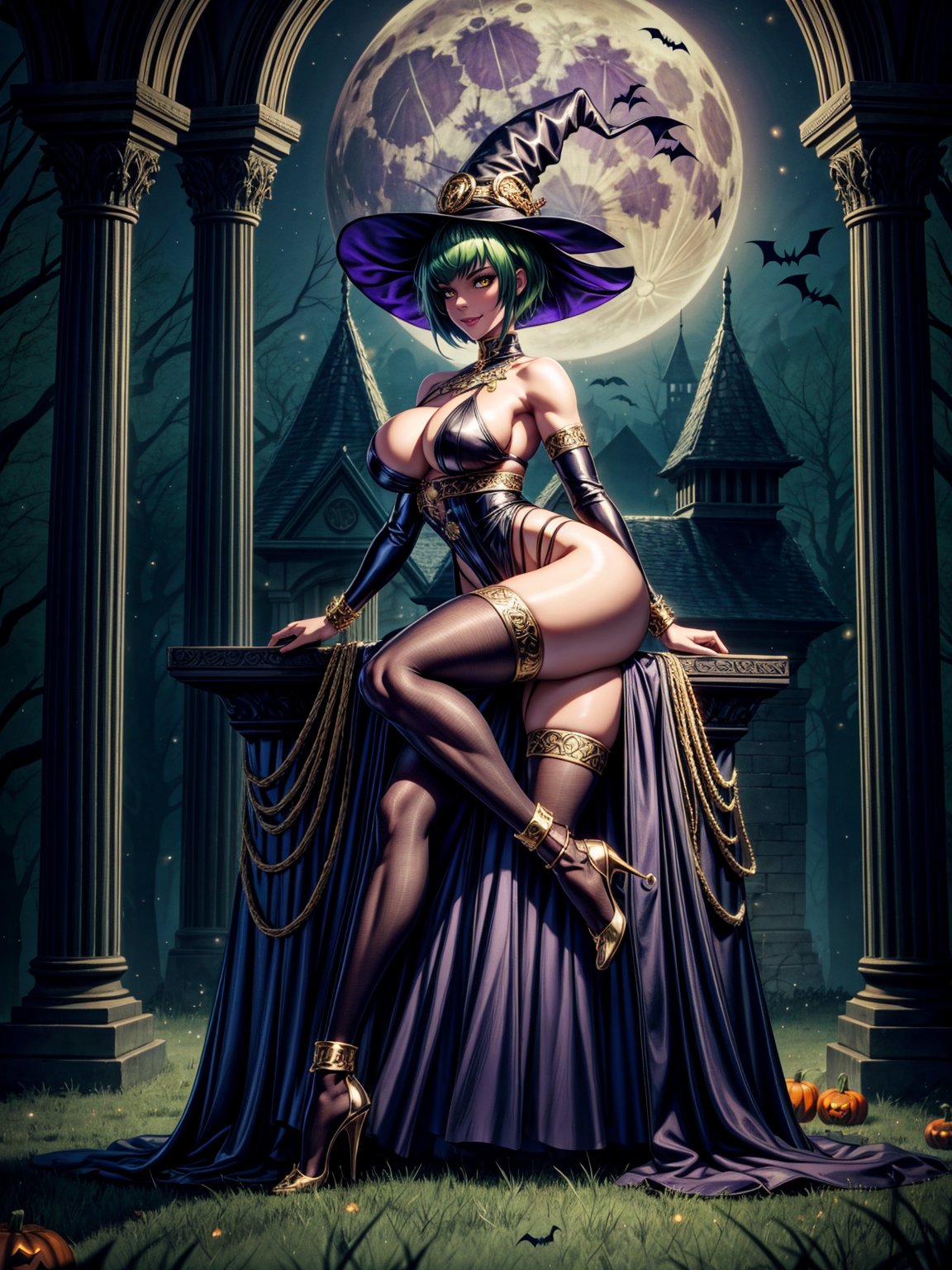 1woman, wearing black witch outfit with golden bands, extremely tight and erotic clothing, absurdly giant breasts, green hair, mohawk hair, extremely short hair, hair with bangs in front of the eyes, black witch hat on the head, looking at the viewer, (((erotic pose interacting and leaning on something))), in an ancient castle with large pillars,  furniture, figurines, window showing the forest at night with a beautiful full moon at the top right, ((full body):1.5), ((Halloween party)), 16k, UHD, best possible quality, ((ultra detailed):1), best possible resolution, Unreal Engine 5, professional photography, perfect_hands