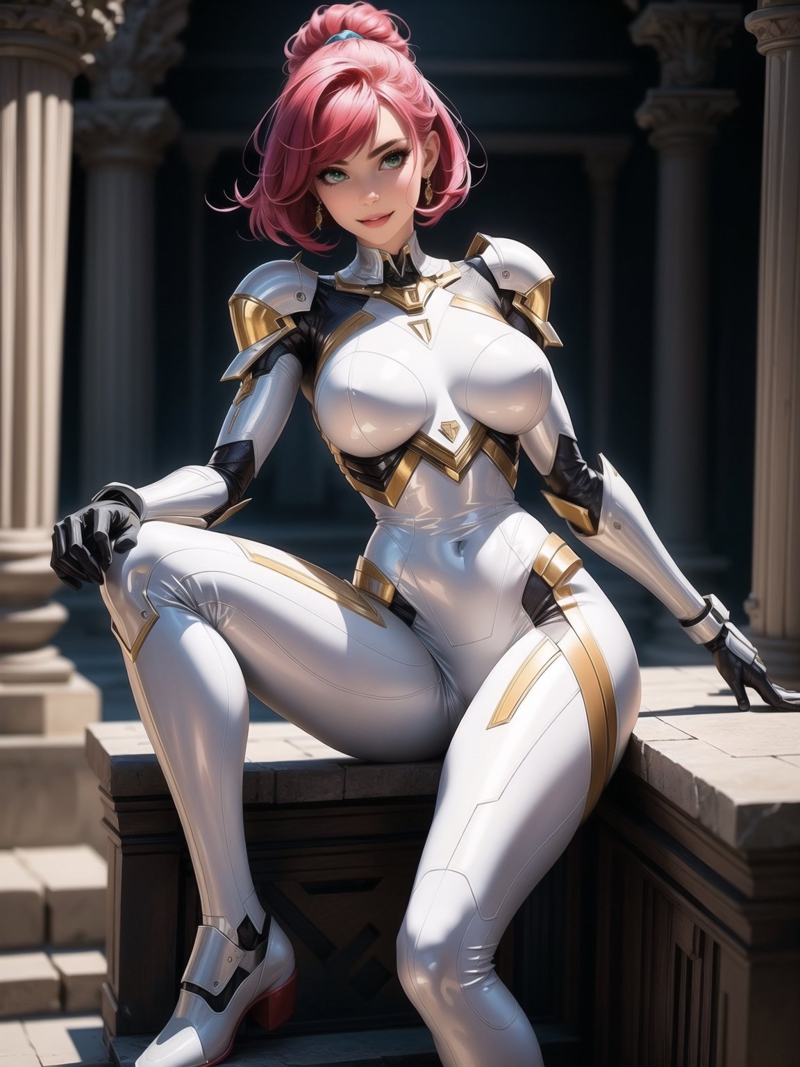 A woman, wearing mecha suit+mecha armor+robotic armor, white suit with parts in red+lights, very tight and tight suit on the body, gigantic breasts, short hair, blue hair, C hair fastened with fastener, hair with bangs in front of eyes, lizo hair, (((ooking at the viewer, sensual pose+Interacting+leaning on anything+object+leaning against+full body))) in an Egyptian temple+super metroid, with large structures, technological altars, mechanical structures, 16k, UHD, Unreal Engine 5, quality max, max resolution, ultra-realistic, ultra-detailed, maximum sharpness,  ((ancient Egypt+mecha+super_metroid_style)), ((perfect_hands, perfect_legs)), Goodhands-beta2,