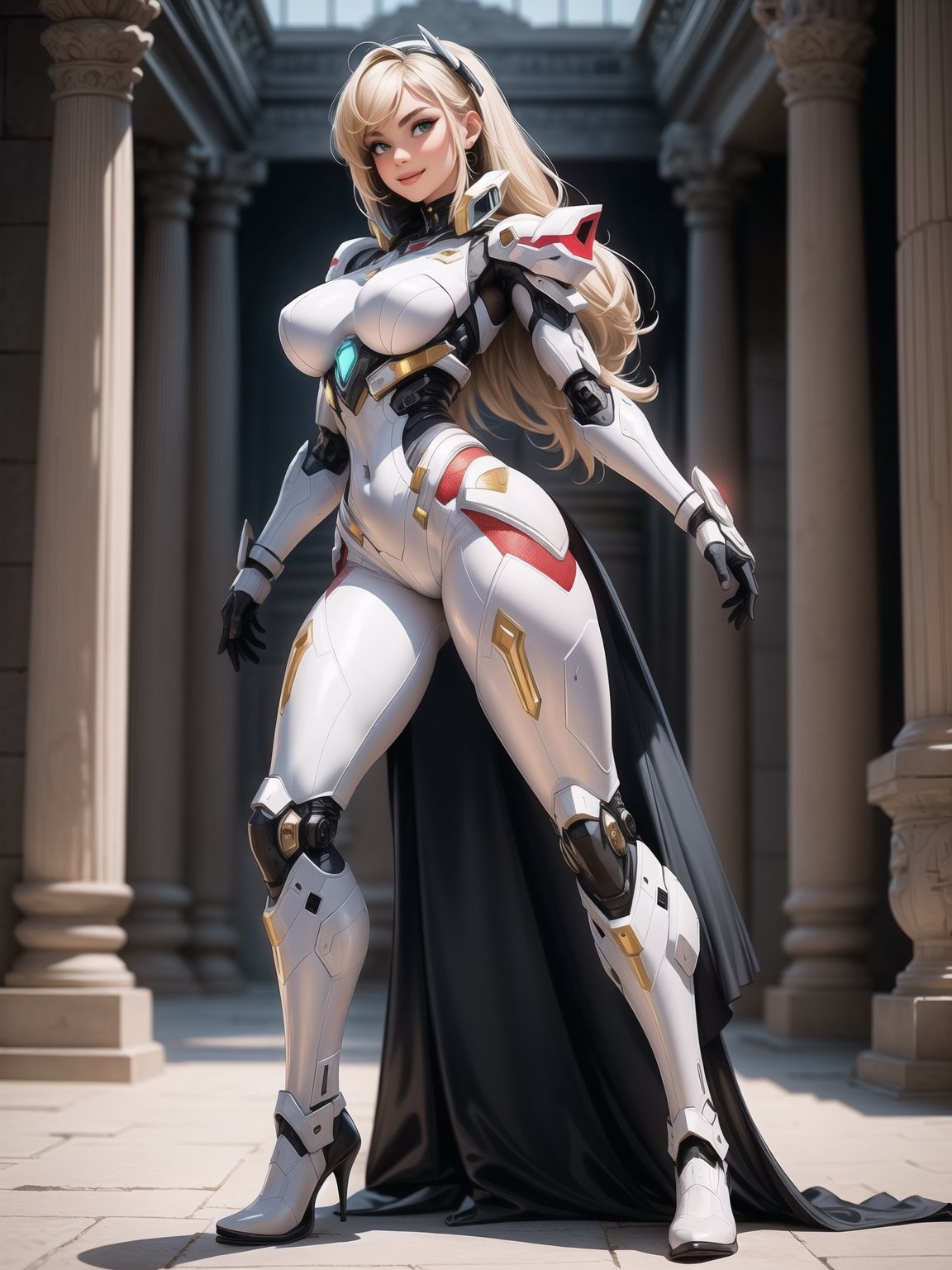 A woman, wearing mecha suit+mecha armor+robotic armor, white suit with parts in red+lights, very tight and tight suit on the body, gigantic breasts, short hair, blue hair, C hair fastened with fastener, hair with bangs in front of eyes, lizo hair, (((looking at the viewer, sensual pose+Interacting+leaning on anything+object+leaning against))) in an Egyptian temple+super metroid, with large structures, technological altars, mechanical structures, 16k, UHD, Unreal Engine 5, quality max, max resolution, ultra-realistic, ultra-detailed, maximum sharpness,  ((ancient Egypt+mecha+super_metroid_style)), ((full body)), ((perfect_hands, perfect_legs)), Goodhands-beta2,