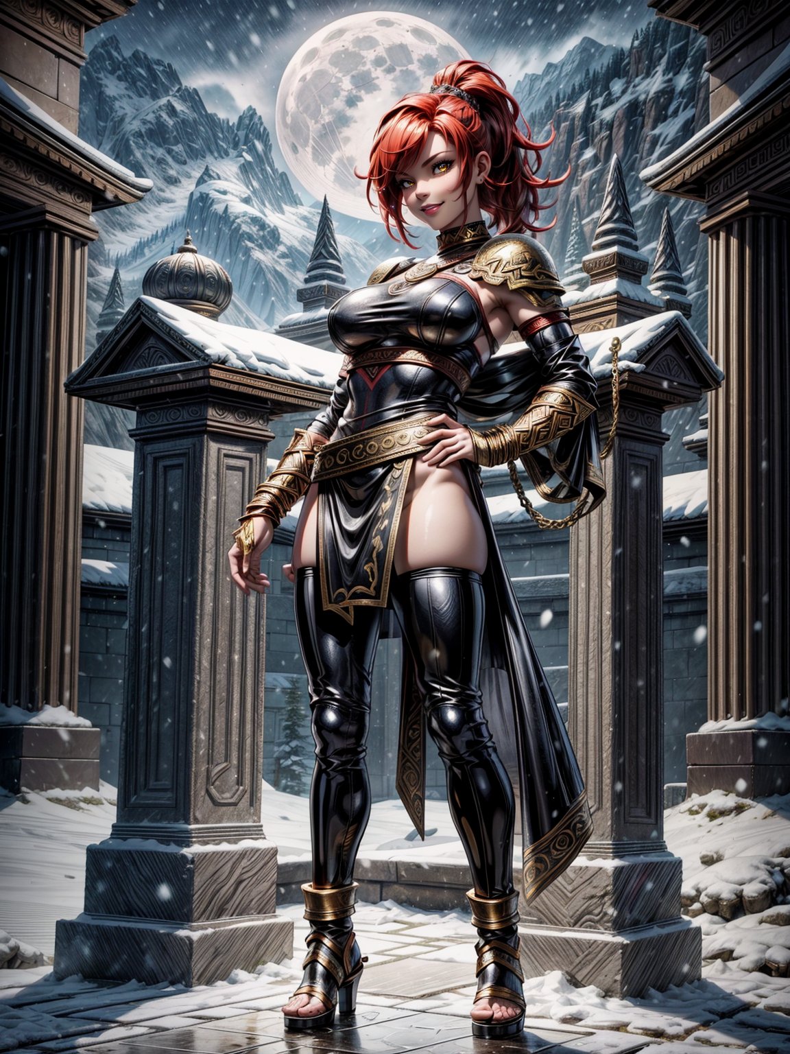 1woman, black armor with golden props, leather skirt with golden props, tight clothing on the body and erotic, absurdly giant breasts, red hair, mohawk hair, extremely short hair, hair with ponytail, hair with bangs in front of the eyes, helmet on the head, looking at the viewer, (((erotic pose interacting and leaning on something))), in an Arcadian temple with large figurines, sculptures, altars, pedestals, mountain background, snowing hard, at night, full moon top left, ((God of War)), ((full body):1.5), 16k, UHD, best possible quality, ((ultra detailed):1), best possible resolution, Unreal Engine 5, professional photography, perfect_hands