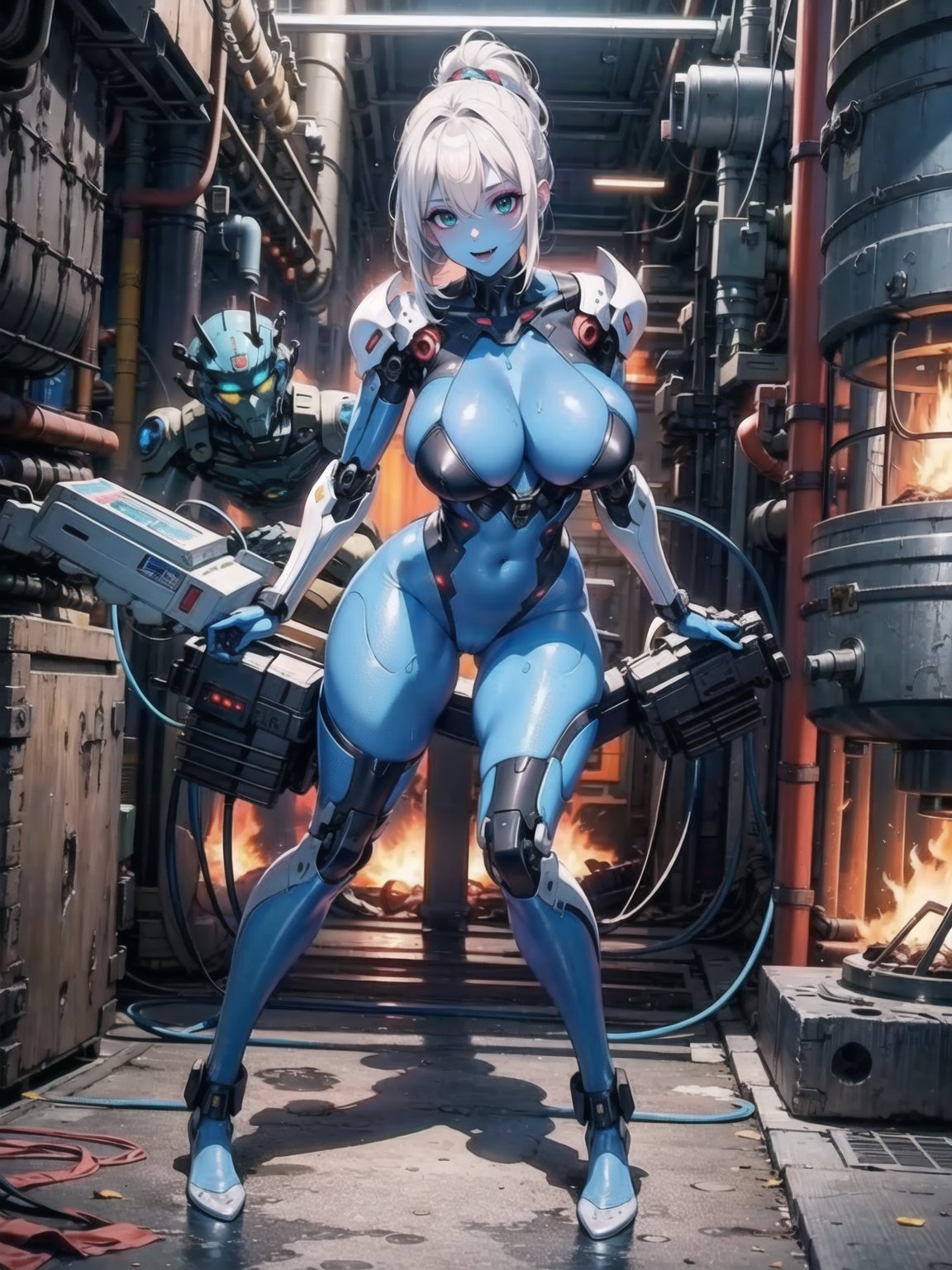 A woman, all-white mecha costume with blue parts + metallic cybernetic armor with lights, very tight suit and stuck to the body. Gigantic breasts, very short hair, white hair, mohawk hair, hair with bangs in front of the eyes. Looking directly at the viewer, in a nuclear power plant, with many radiation machines, computers, large structures, forging machines, loading vehicles. ((sensual pose with interaction and leaning on anything + object+on something + leaning against)) + present in a nuclear power plant, ((nuclear, mecha, robotic limbs)), 16K, UHD, Unreal Engine 5, (full body:1.5), quality max, max resolution, ultra-realistic, maximum sharpness, More detail, perfect_legs, perfect_thighs, perfect_feet, perfect_hands, better_hands. ((A woman + blanket + blue skin))