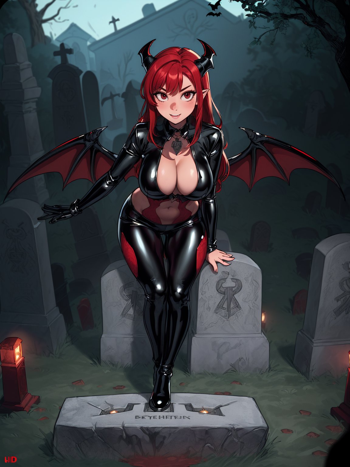 {((1vampire woman with black horns))}, {((wearing erotic clothing made of black latex with red parts, extremely tight and tight on the body,)), ((she has large bat wings)), (((absurdly large and firm breasts)), ((looking at the viewer, messy red hair with bangs)), she is ((posing sensually, [leaning against a gate of arrowhead railings|leaning against a tombstone|sitting on a high tombstone]:1.3)), ((in a cemetery, it's daylight, bright sunlight, light fixtures stuck in stones from faded tombstones)), (((full body))), 16k, UHD, ((Better quality, better resolution, better detail))