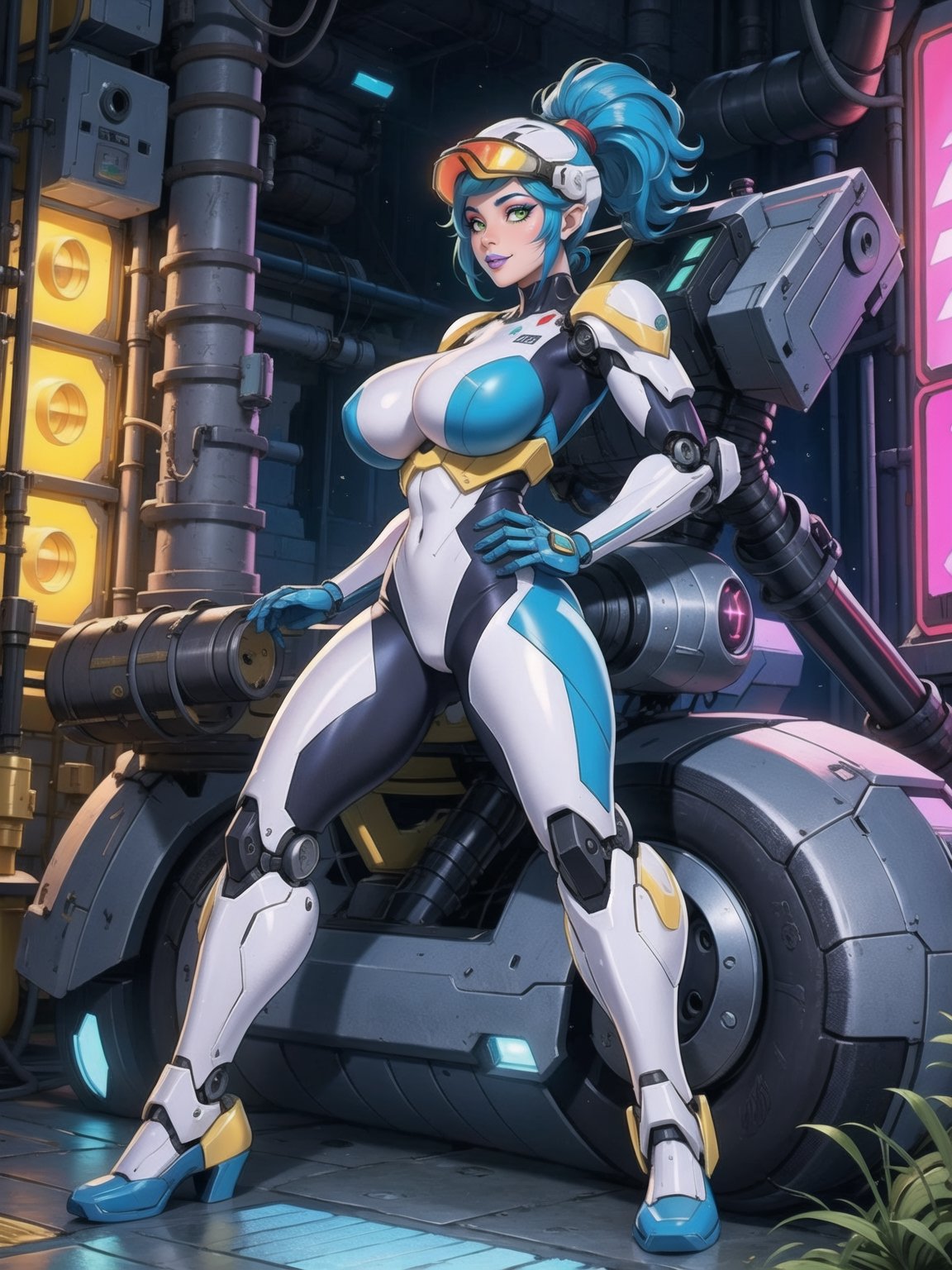 Solo woman, ((wearing mecha suit+all-white robotic suit, with parts in blue, plus yellow lights, suit with attached armaments, gigantic breasts, wearing cybernetic helmet with visor)), mohawk hair, blue hair, messy hair, ponytail hair, looking directly at the viewer, she is, on a mountain, with many monsters, robots, large ancient machines, many stones, 1water, large pillars, stone altars, zelda, super metroid, ultra technological, 16K, UHD, best possible quality, ultra detailed, best possible resolution, Unreal Engine 5, professional photography, she is, (((iInteracting and leaning on anything+object+on something+leaning against+sensual pose))), better_hands, ((full body)), More detail