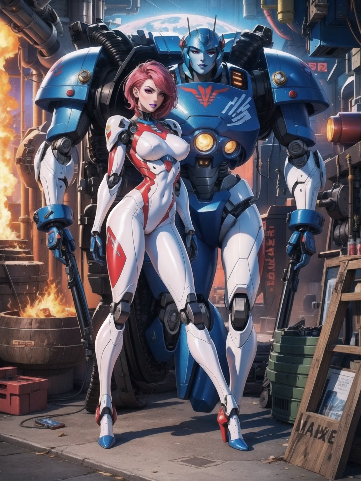 A woman, ((all-white mecha costume with red parts + metallic cybernetic armor with lights, costume covering everything)), very tight suit and stuck to the body. Gigantic breasts, very short hair, pink hair, mohawk hair, hair with bangs in front of the eyes. Looking directly at the viewer, in a nuclear power plant, with many radiation machines, computers, forging machines, loading vehicles. ((sensual pose with interaction and leaning on anything + object+on something + leaning against)) + present in a nuclear power plant, ((nuclear, mecha, robotic limbs)), 16K, UHD, Unreal Engine 5, (full body:1.5), quality max, max resolution, ultra-realistic, maximum sharpness, More detail, perfect_legs, perfect_thighs, perfect_feet, perfect_hands, better_hands. (blue skin)