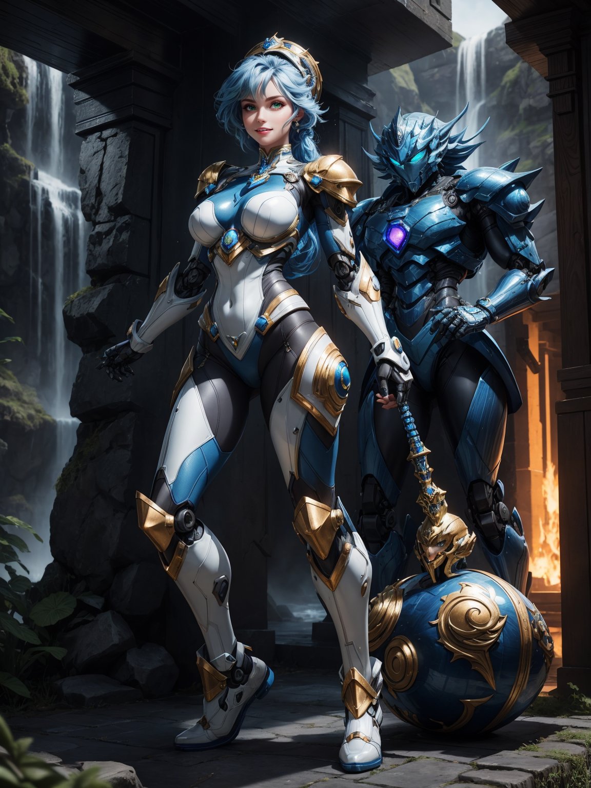 A woman – robot, wearing armor + white robotic suit with blue parts + lights attached, very tight suit, monstrously giant breasts, blue hair, short hair, hair with ponytail, helmet on the head, looking at the viewer, (((erotic pose interacting and leaning [on something|on an object]))), in a cybernetic Greek temple with many altars, structures, waterfalls,  large statues, mountain background with many waterfalls, ((full body):1.5), 16k, UHD, best possible quality, ultra detailed, best possible resolution, Unreal Engine 5, professional photography, well-detailed fingers, well-detailed hand, perfect_hands, ((the robot woman)), ((sant seiya)) + ((kingdom hearts)) + ((super metroid))