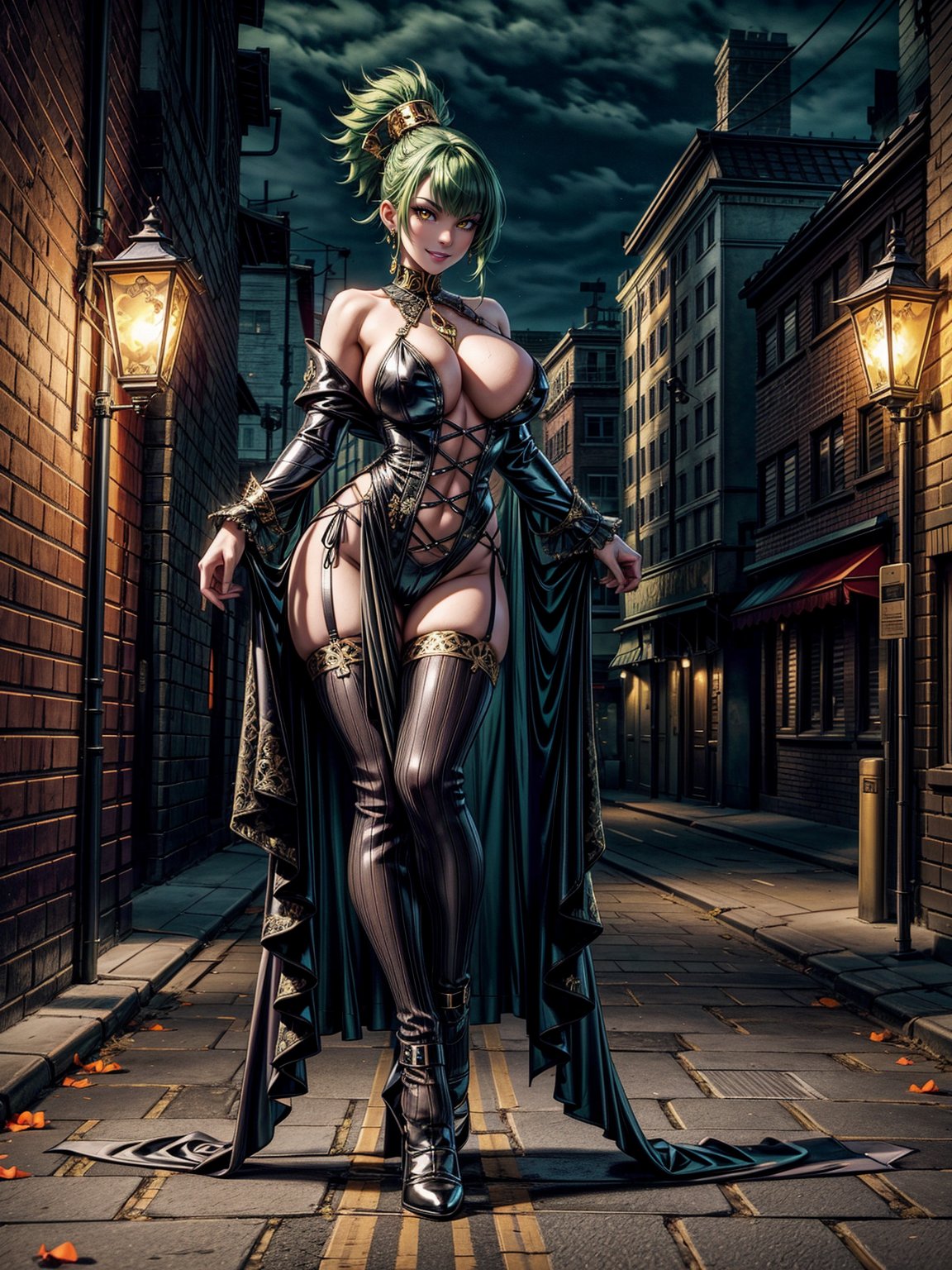 1woman, wearing black witch outfit with golden bands, extremely tight and erotic clothing, absurdly giant breasts, green hair, mohawk hair, extremely short hair, ponytailed hair, hair with bangs in front of the eyes, black witch hat on the head, looking at the viewer, (((erotic pose interacting and leaning on something))), in a city having party,  large structures, pumpkins, lamps illuminating the city, macabre city background having halloween party by night, ((full body):1.5), ((halloween)), 16k, UHD, best possible quality, ((ultra detailed):1), best possible resolution, Unreal Engine 5, professional photography, perfect_hands