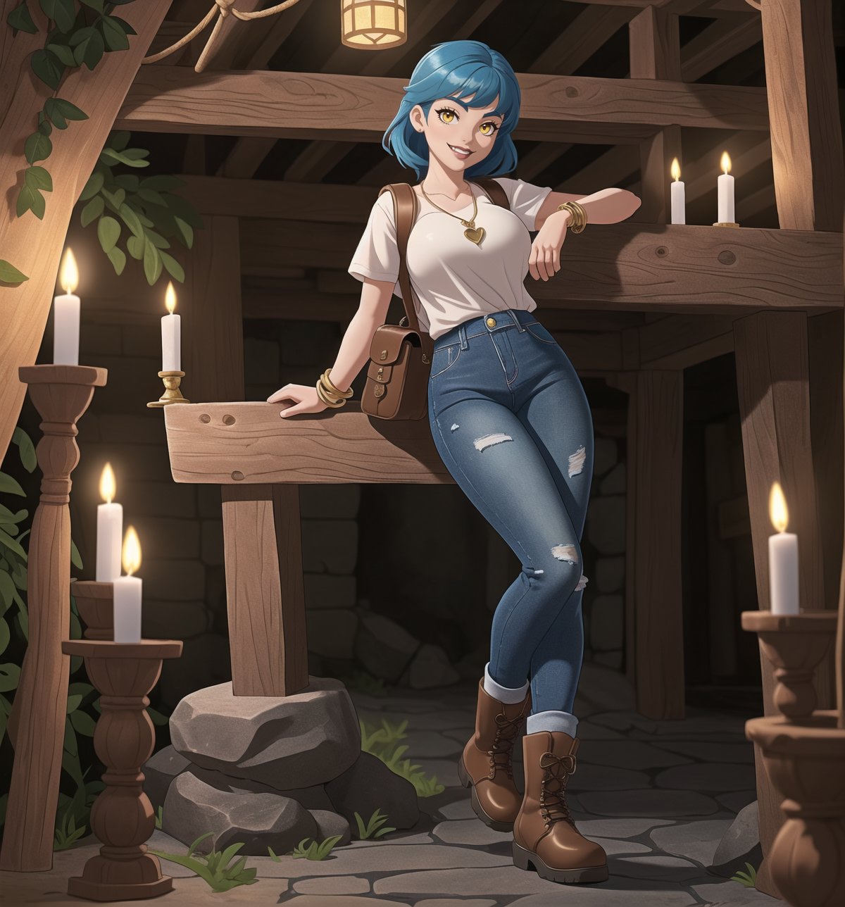 An underground-adventure masterpiece with realistic details, rendered in ultra-high resolution. | A young 22-year-old woman with blue hair and yellow eyes is dressed in an adventurer's outfit. The white t-shirt, jeans and brown leather boots highlight her athletic and agile figure. She also wears a brown backpack, a rope and accessories such as a golden heart pendant and a brown leather bracelet, which demonstrate her determination and adventurous spirit. The young woman smiles at the viewer, showing her white teeth and wearing black lipstick, creating a charming contrast with her strong and pioneering appearance. | The scene takes place in a temple inside a cave, lit by candles spread throughout the room. The concrete, rock, wooden and metal structures create an ancient and mysterious atmosphere. The young woman stands out in the midst of this underground scene, adding a layer of beauty and emotion to the image. | Soft, warm lighting effects create an adventurous mood, while detailed textures on clothing, accessories and set elements add realism to the masterpiece. | An exciting and compelling scene of a young adventurer in a temple inside a cave, exploring themes of adventure, mystery, history and courage. | (((((The image reveals a full-body shot as she assumes a sensual pose, engagingly leaning against a structure within the scene in an exciting manner. She takes on a sensual pose as she interacts, boldly leaning on a structure, leaning back in an exciting way.))))). | ((full-body shot)), ((perfect pose)), ((perfect fingers, better hands, perfect hands)), ((perfect legs, perfect feet)), ((huge breasts)), ((perfect design)), ((perfect composition)), ((very detailed scene, very detailed background, perfect layout, correct imperfections)), More Detail, Enhance