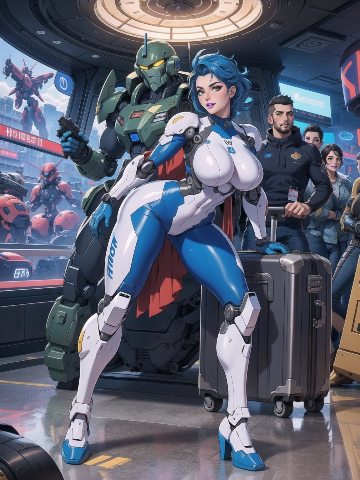 Solo woman, wearing mecha suit+cybernetic armor+gundam suit, all white with parts in blue, gigantic breasts, mohawk hair, blue hair, messy hair, looking directly at the viewer, she is, in an alien airport, with many machines, many aliens, many people transiting, glass table, chair, luggage carts, ((futuristic, ultra-technological)), 16K, UHD, best possible quality, ultra detailed, best possible resolution, Unreal Engine 5professional photography, she is, (((Sensual pose with interaction and leaning on anything+object+on something+leaning against))), better_hands, More detail, ((full body)),