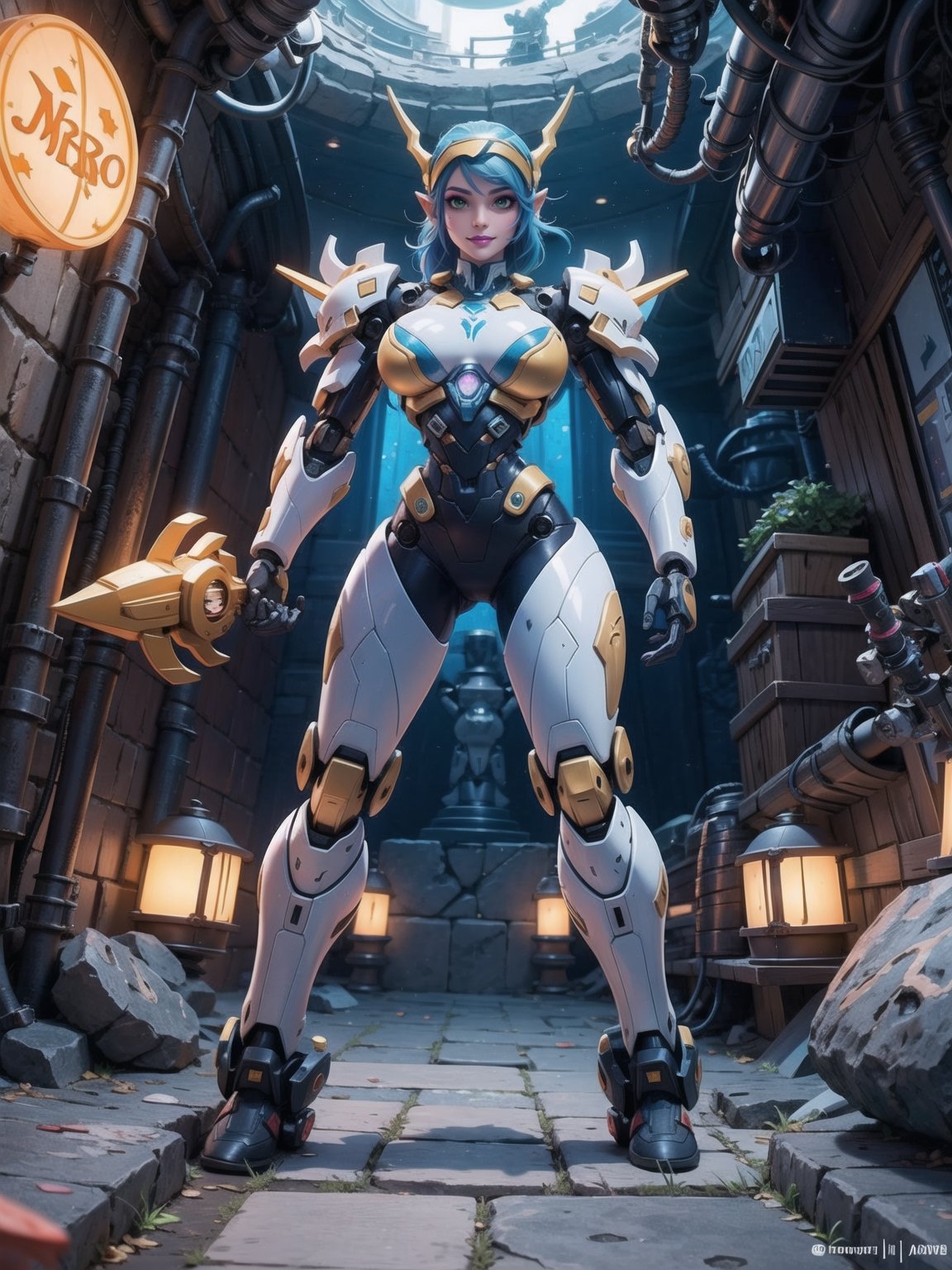 Solo female, ((wearing mecha suit+robotic suit completely white, with blue parts, more yellow lights, suit with attached weapons, gigantic breasts, wearing cybernetic helmet with visor)), mohawk hair, blue hair, messy hair, hair with ponytail, looking directly at the viewer, she is, in a dungeon, with a waterfall, large stone altars, stone structures, machines, robots, large altars of ancient gods, figurines, super metroid, ultra technological, zelda, final fantasy, warcraf, world_of_warcraft, UHD, best possible quality, ultra detailed, best possible resolution, Unreal Engine 5, professional photography, ela está, ((Sensual pose with interaction and leaning on anything+object+on something+leaning against)), better_hands , ((full body)), More detail