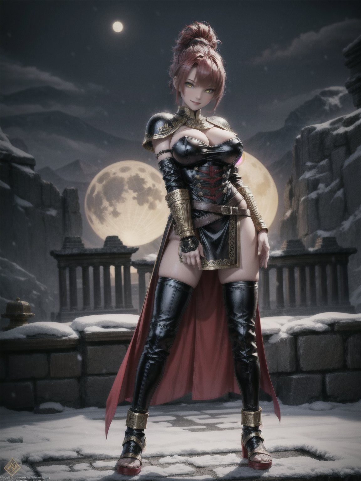 1woman, black armor with golden props, leather skirt with golden props, tight clothing on the body and erotic, absurdly giant breasts, red hair, mohawk hair, extremely short hair, hair with ponytail, hair with bangs in front of the eyes, helmet on the head, looking at the viewer, (((erotic pose interacting and leaning on something))), in an Arcadian temple with large figurines, sculptures, altars, pedestals, mountain background, snowing hard, at night, full moon top left, ((God of War)), ((full body):1.5), 16k, UHD, best possible quality, ((ultra detailed):1), best possible resolution, Unreal Engine 5, professional photography, perfect_hands