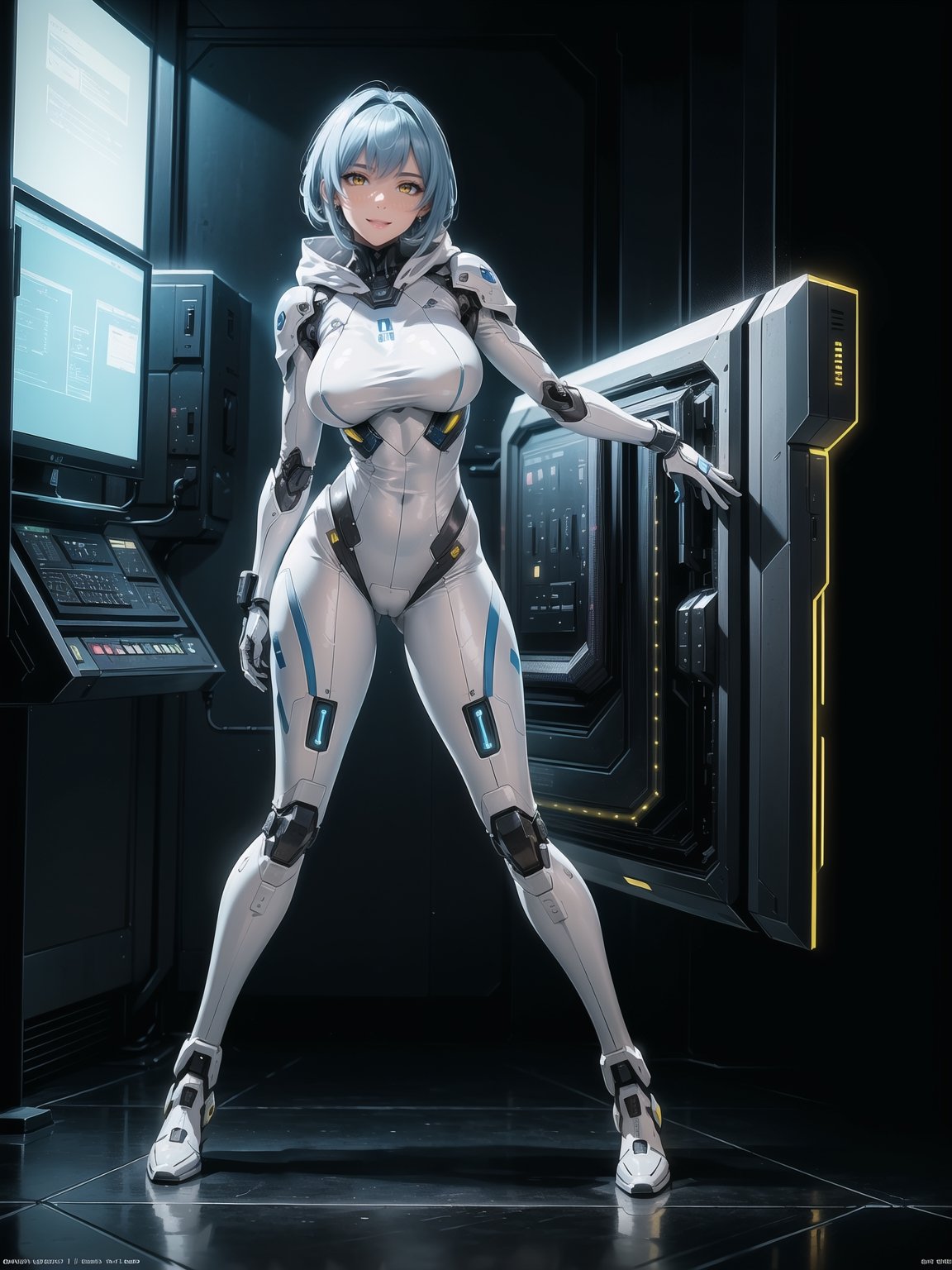 A woman, wearing mecha suit+robotic suit+cyber suit, white+parts in blue+yellow lights, costume very tight on the body, ((gigantic breasts, hood), blue hair, very short hair, hair with bangs in front of the eyes, is looking at the viewer, (((sensual pose with interaction and leaning on anything+object+leaning against))) in an alien dungeon, with futuristic machines, computers on the walls, control panels, teleportation with interdimensional portal, slimes, aliens with cybernetic armor, ((full body):1.5), 16K, UHD, maximum quality, maximum resolution, ultra-realistic, ultra-detailed, Furtastic_Detailer, Goodhands-beta2, ((perfect_hands):1)