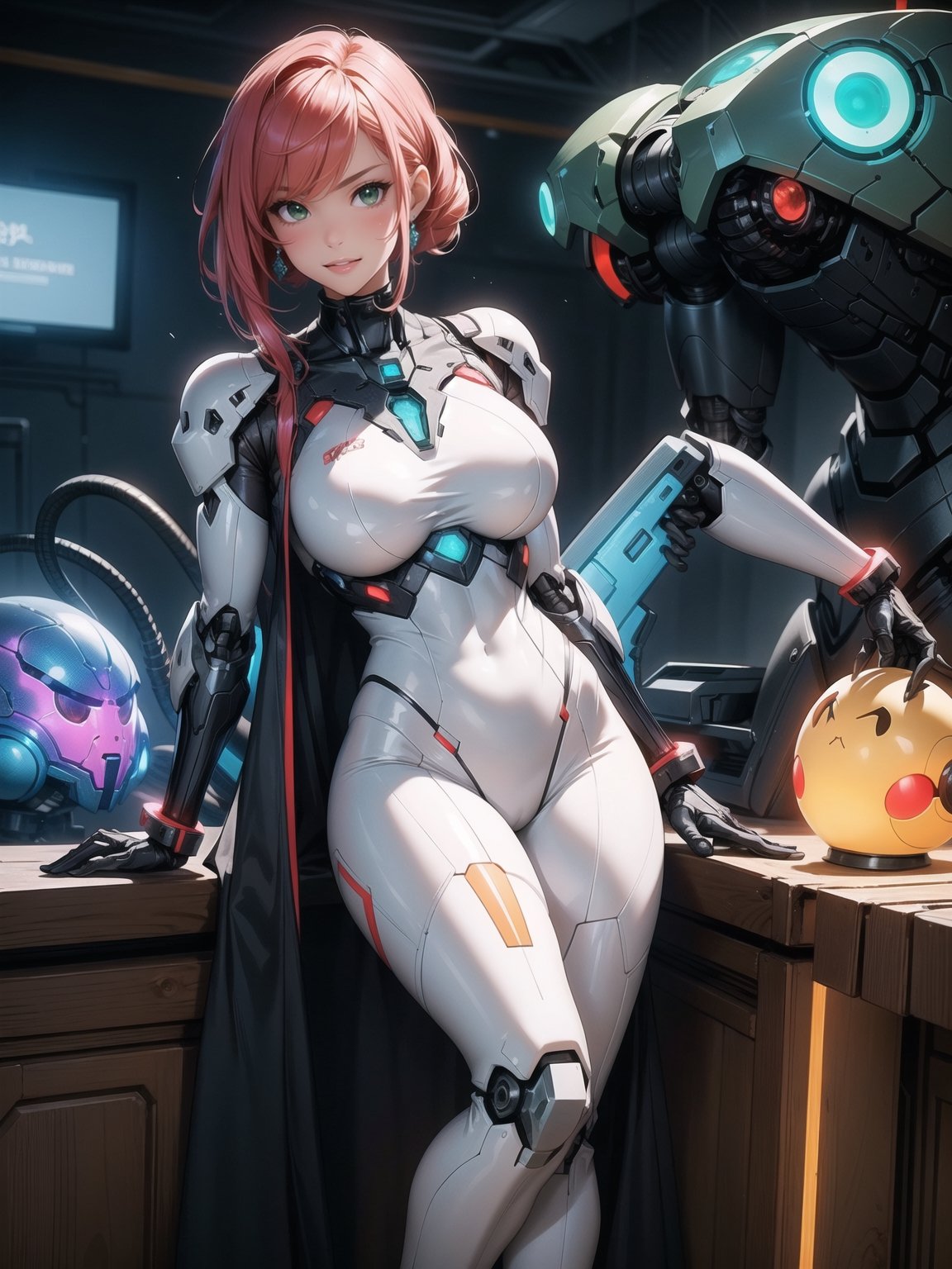 A woman, wearing mecha+mecha armor+robotic armor, white suit with red parts+lights, tight and tight suit on the body, gigantic breasts, short hair, blue hair, c hair fastened, hair with bangs in front of the eyes, hair slick, (((looking at the viewer, sensual pose+Interacting+leaning on anything+object+leaning against))) in a very old alien tomb,  with large structures, technological altars, mechanical structures, full_body, 16K, UHD, unreal engine 5, quality max, max resolution, ultra-realistic, ultra-detailed, maximum sharpness, ((perfect_hands, perfect_legs)), Goodhands-beta2, ((mecha+ style super_metroid)), (((full_body)))