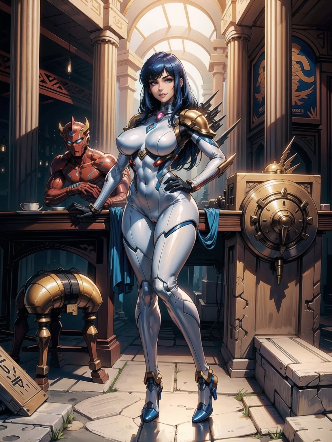 A woman, wearing mecha suit+mecha armor+robotic armor, white suit with parts in red+lights, very tight and tight suit on the body, gigantic breasts, short hair, blue hair, C hair fastened with fastener, hair with bangs in front of eyes, lizo hair, (((looking at the viewer, sensual pose+Interacting+leaning on anything+object+leaning against))) in an Egyptian temple+super metroid, with large structures, technological altars, mechanical structures, 16k, UHD, Unreal Engine 5, quality max, max resolution, ultra-realistic, ultra-detailed, maximum sharpness,  ((ancient Egypt+mecha+super_metroid_style)), ((perfect_hands, perfect_legs)), Goodhands-beta2,