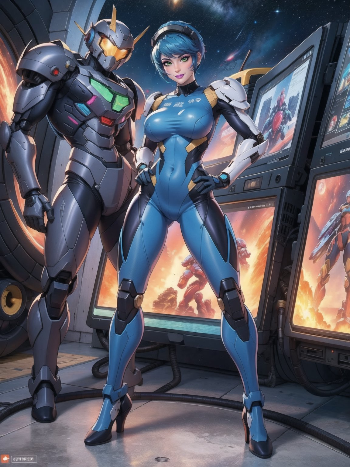 a woman, wearing an all-white mecha suit with blue parts+cybernetic armor+robotic suit, gigantic breasts, wearing a helmet on her head with a visor, blue hair, short hair, mohawk hair, hair with bangs in front of her eyes, ((((looking directly at the viewer, sensual pose + Interacting + leaning on anything + object + leaning against)))), in a space aircraft, with many machines, large structures, computers, windows, elevators, light pipes, robots, 16K, UHD, (full body:1.5), unreal engine 5, super metroid, mecha, quality max, max resolution, ultra-realistic, ultra-detailed, maximum sharpness, perfect_hands, better_hands, more detail,