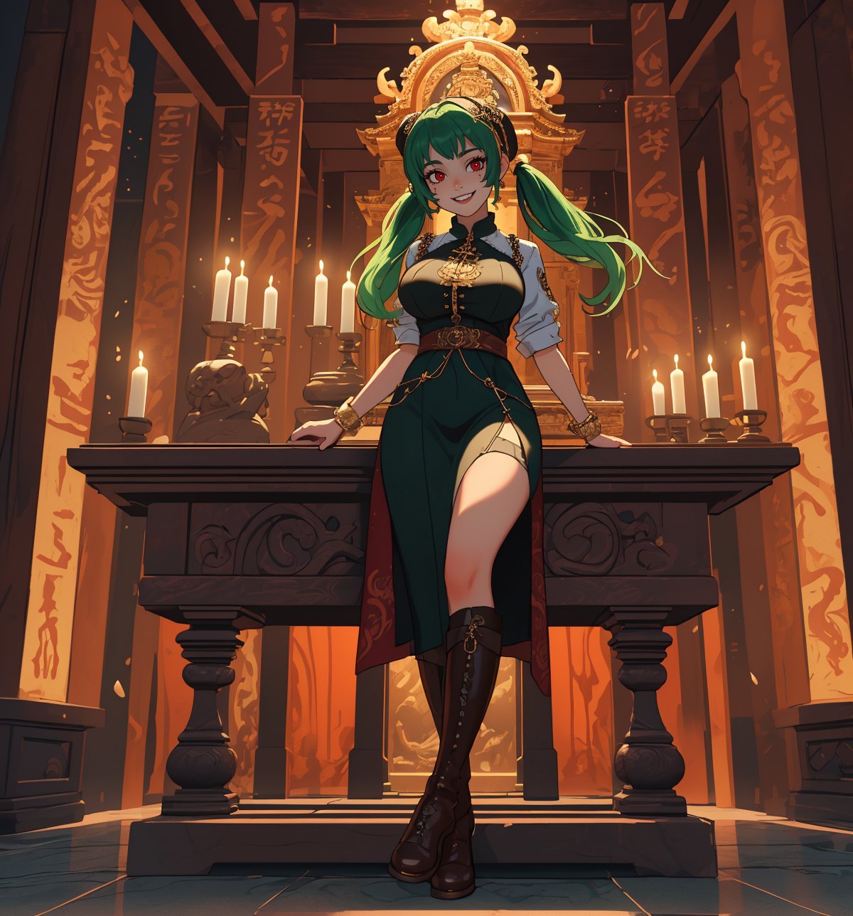 A masterpiece in 16K ultra-detail with Gothic and horror styles, rendered in ultra-high resolution with realistic details. | A 30-year-old young woman with gigantic breasts, wearing an archaeologist outfit with a khaki shirt, khaki pants, brown boots, and a wide-brimmed hat. She has short ((green hair in)) two pigtails with metal clips, a modern and stylish cut, with shiny highlights and a disheveled hairstyle. She has red eyes, looking at the viewer, ((smiling and showing her teeth)). She is located in a macabre temple within the caverns, featuring structures for demonic rituals, rocky structures, wooden structures, candles, and demonic emblems. The light from the candles illuminates the place, casting dancing shadows on the temple walls. A stone altar, melted wax candles, and demonic symbols adorn the scene. | The image highlights the imposing figure of the young woman and the architectural elements of the temple. The rocky, wooden, and marble structures, along with the archaeologist, the altar, the pillars, and the demonic sculptures, create a frightening and seductive atmosphere. The dim light from the candles casts dramatic shadows and enhances the details of the scene. | Soft and somber lighting effects create a tense and mysterious atmosphere, while rough and detailed textures in the structures and outfit add realism to the image. | A relaxing and terrifying scene of a beautiful archaeologist woman in a macabre temple, blending elements of Gothic and horror. | (((The image reveals a full-body shot as the woman assumes a sensual pose, engagingly leaning against a structure within the scene in an exciting manner. She takes on a sensual pose as she interacts, boldly leaning on a structure, leaning back and boldly throwing herself onto the structure, reclining back in an exhilarating way.))) | ((((full-body shot)))), ((Perfect Pose, Uniform and well-formed limbs, Proportionate body limbs, Well-defined arms and legs, Upper and lower limbs with preserved integrity, No strange overlaps in the limbs)), perfect arms, perfect limbs, perfect fingers, better hands, perfect hands, perfect legs, perfect feet, ((gigantic_breasts)), ((Ideal Breasts, Firm Breasts, Sagging Breasts)), fix imperfections, flawless design, flawless composition, highly detailed scene, highly detailed background, perfect layout, Enhance, More Detail, Hand, Perfect hand, Detailed hand, 