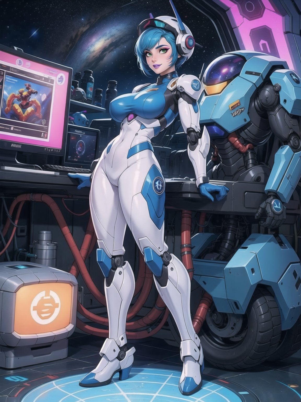 a woman, wearing an all-white mecha suit with blue parts+cybernetic armor+robotic suit, gigantic breasts, wearing a helmet on her head with a visor, blue hair, short hair, mohawk hair, hair with bangs in front of her eyes, (((looking directly at the viewer, sensual pose + Interacting + leaning on anything + object + leaning against))) + in a space aircraft, with many machines, large structures, computers, windows, elevators, light pipes, robots, 16K, UHD, (full body:1.5), unreal engine 5, super metroid, mecha, quality max, max resolution, ultra-realistic, ultra-detailed, maximum sharpness, perfect_hands, better_hands, more detail,