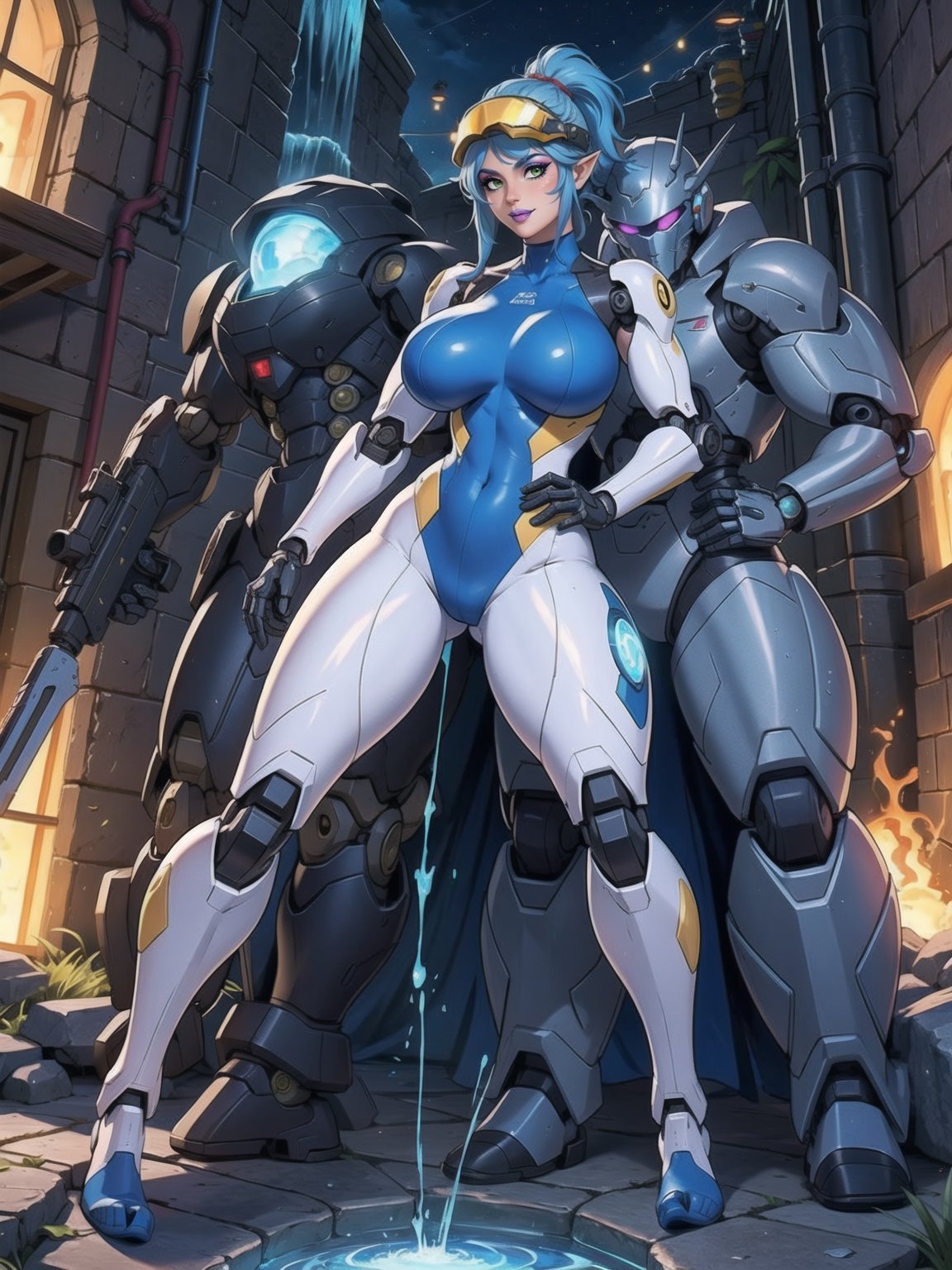 Solo female, ((wearing mecha suit+robotic suit completely white, with blue parts, more yellow lights, suit with attached weapons, gigantic breasts, wearing cybernetic helmet with visor)), mohawk hair, blue hair, messy hair, hair with ponytail, looking directly at the viewer, she is, in a dungeon, with a waterfall, large stone altars, stone structures, machines, robots, large altars of ancient gods, figurines, Super Metroid, ultra technological, Zelda, Final Fantasy, worldofwarcraft, (full body:1.5), 16K, UHD, Unreal Engine 5, quality max, max resolution, maximum sharpness, (((sensual pose with interaction and leaning on anything + object + on something + leaning against))) + ((perfect_thighs, perfect_legs, perfect_feet)), better_hands, More detail, 