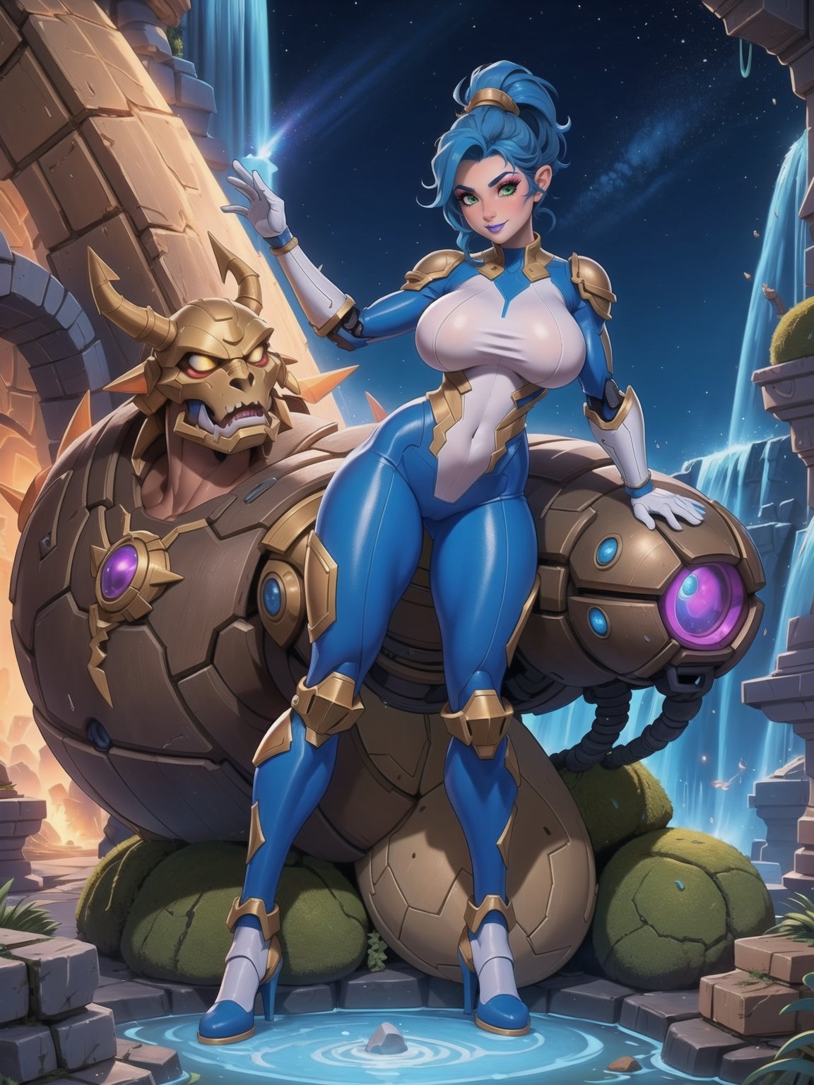 Solo woman, ((mecha costume all white, parts in blue, costume very tight on the body, gigantic breasts)), mohawk hair, blue hair, messy hair, hair with ponytail, looking directly at the viewer, she is, in an alien dungeon, with many machines, many aliens, waterfall, large stone pillars, stone altars, heavy armaments, ((super metroid, ultra technological, warcraft)), 16K, UHD, best possible quality, ultra detailed, best possible resolution, Unreal Engine 5, Super Metroid, professional photography, she's, (((Sensual pose with interaction and leaning on anything+object+on something+leaning against))), better_hands, More detail, ((full body))