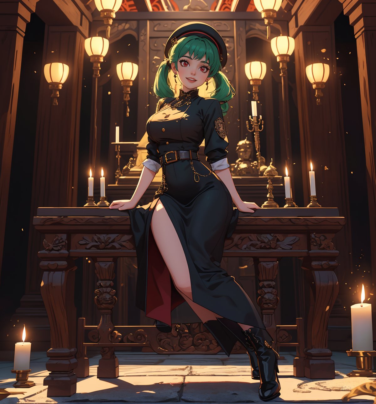 A masterpiece in 16K ultra-detail with Gothic and horror styles, rendered in ultra-high resolution with realistic details. | A 30-year-old young woman with gigantic breasts, wearing an archaeologist outfit with a khaki shirt, khaki pants, brown boots, and a wide-brimmed hat. She has short green hair in two pigtails with metal clips, a modern and stylish cut, with shiny highlights and a disheveled hairstyle. She has red eyes, looking at the viewer, smiling and showing her teeth. She is located in a macabre temple within the caverns, featuring structures for demonic rituals, rocky structures, wooden structures, candles, and demonic emblems. The light from the candles illuminates the place, casting dancing shadows on the temple walls. A stone altar, melted wax candles, and demonic symbols adorn the scene. | The image highlights the imposing figure of the young woman and the architectural elements of the temple. The rocky, wooden, and marble structures, along with the archaeologist, the altar, the pillars, and the demonic sculptures, create a frightening and seductive atmosphere. The dim light from the candles casts dramatic shadows and enhances the details of the scene. | Soft and somber lighting effects create a tense and mysterious atmosphere, while rough and detailed textures in the structures and outfit add realism to the image. | A relaxing and terrifying scene of a beautiful archaeologist woman in a macabre temple, blending elements of Gothic and horror. | (((The image reveals a full-body shot as the woman assumes a sensual pose, engagingly leaning against a structure within the scene in an exciting manner. She takes on a sensual pose as she interacts, boldly leaning on a structure, leaning back and boldly throwing herself onto the structure, reclining back in an exhilarating way.))) | ((((full-body shot)))), ((Perfect Pose, Uniform and well-formed limbs, Proportionate body limbs, Well-defined arms and legs, Upper and lower limbs with preserved integrity, No strange overlaps in the limbs)), perfect arms, perfect limbs, perfect fingers, better hands, perfect hands, perfect legs, perfect feet, ((gigantic_breasts)), ((Ideal Breasts, Firm Breasts, Sagging Breasts)), fix imperfections, flawless design, flawless composition, highly detailed scene, highly detailed background, perfect layout, Enhance, More Detail, Hand, Perfect hand, Detailed hand, 