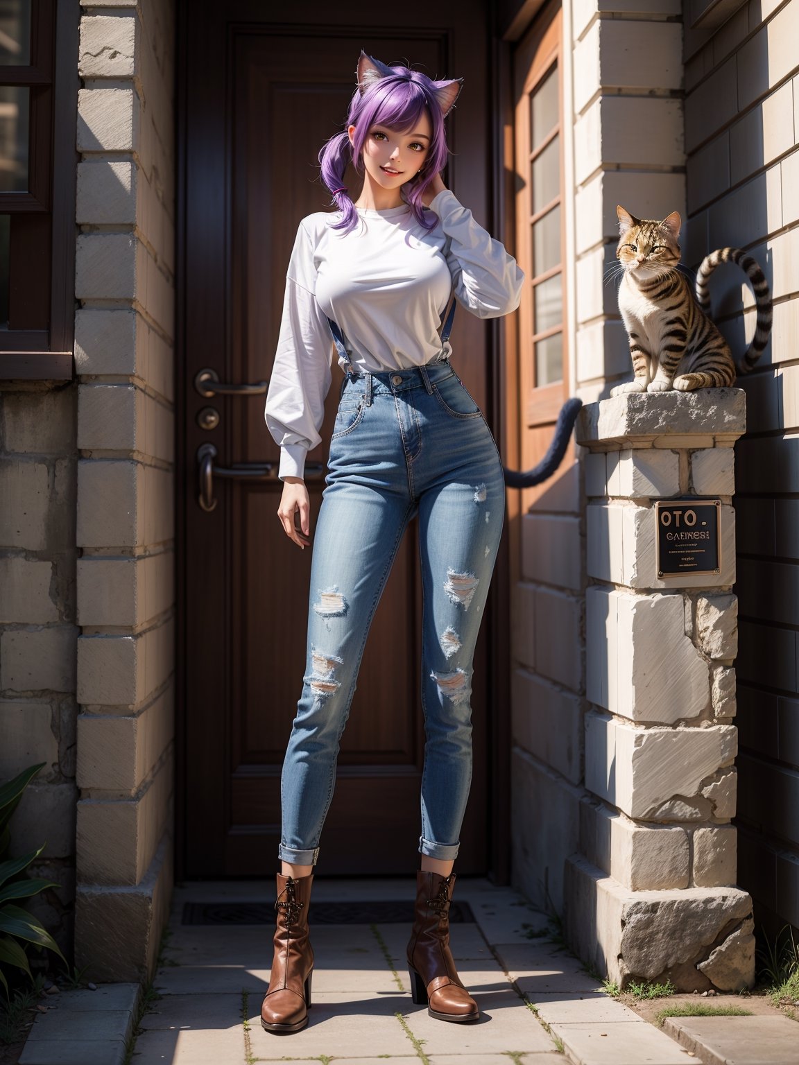 A woman, wearing blue jeans overalls, white t-shirt, leather boots, tight clothes, gigantic breasts, purple hair, short hair with a ponytail, ((cat ears on her head)), looking at the viewer, ((posing with interaction and leaning on [something|an object])), in front of a brick house with a chair, structures, mailbox, it's daytime, ((full body):1.5), 16k, UHD, best possible quality, ultra detailed, best possible resolution, Unreal Engine 5, professional photography, hand and fingers well done, well-structured fingers and hands, well-detailed fingers, well-detailed hand, perfect_hands, perfect, ((cat woman))