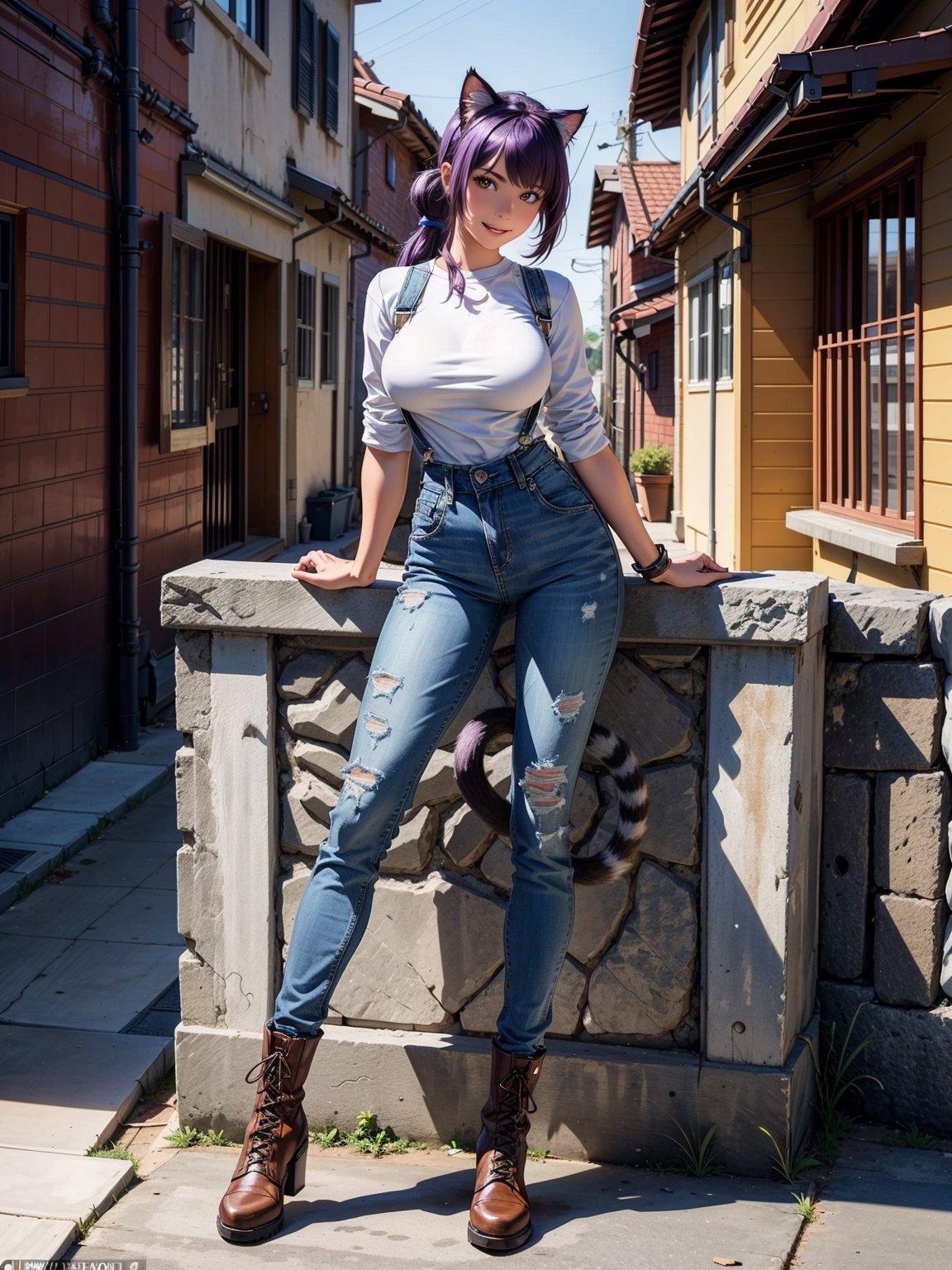 A woman, wearing blue jeans overalls, white t-shirt, leather boots, tight clothes, gigantic breasts, purple hair, short hair with a ponytail, ((cat ears on her head)), looking at the viewer, ((posing with interaction and leaning on [something|an object])), in front of a brick house with a chair, structures, mailbox, it's daytime, ((full body):1.5), 16k, UHD, best possible quality, ultra detailed, best possible resolution, Unreal Engine 5, professional photography, hand and fingers well done, well-structured fingers and hands, well-detailed fingers, well-detailed hand, perfect_hands, perfect, ((cat woman))