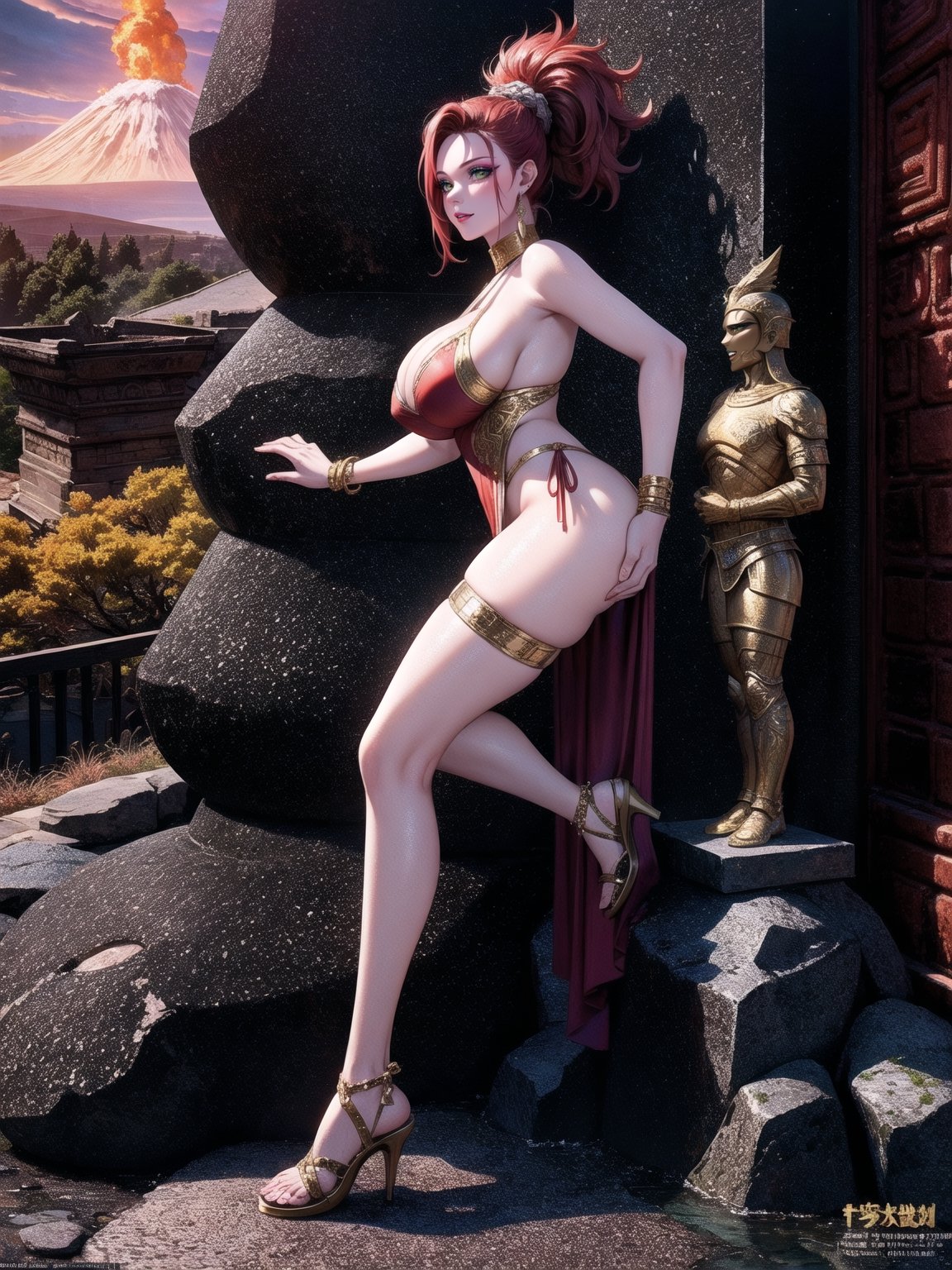 Solo woman, wearing all black Spartan warrior costume with gold bands, black thong with gold bands, very tight and short costume, gigantic breasts, wearing helmet, mohawk hair, red hair, messy hair, hair with ponytail, looking directly at the viewer, she is in an ancient temple on a volcano, lava rivers, large stones, many altars, large stone figurines, stone pillars, ancient armaments, God Of War, 16K, UHD, best possible quality, ultra detailed, best possible resolution, Unreal Engine 5, professional photography, ((volcano)), she is, (((iinteracting and leaning on anything+object+on something+leaning against+sensual pose))), better_hands, ((full body)),  More detail,