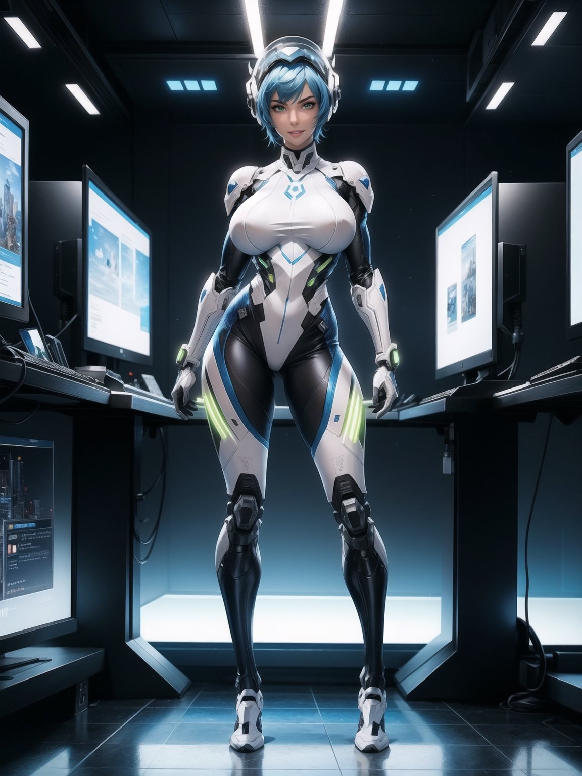 A woman, wearing mecha suit+robotic suit+cybernetizo suit, white+blue parts+yellow lights, very tight costume on the body, ((gigantic breasts, helmet on the head)), blue hair, very short hair, hair with bangs in front of the eyes, is looking at the viewer, (((sensual pose, with interaction, leaning on anything+object+place+leaning))) in an alien dungeon,  with futuristic machines, computers on the walls, control panels, slimes, aliens with cybernetic armor, ((full body):1.5), 16k, UHD, maximum quality, maximum resolution, ultra-realistic, ultra-detailed, ((perfect_hands):1) , Furtastic_Detailer, Goodhands-beta2