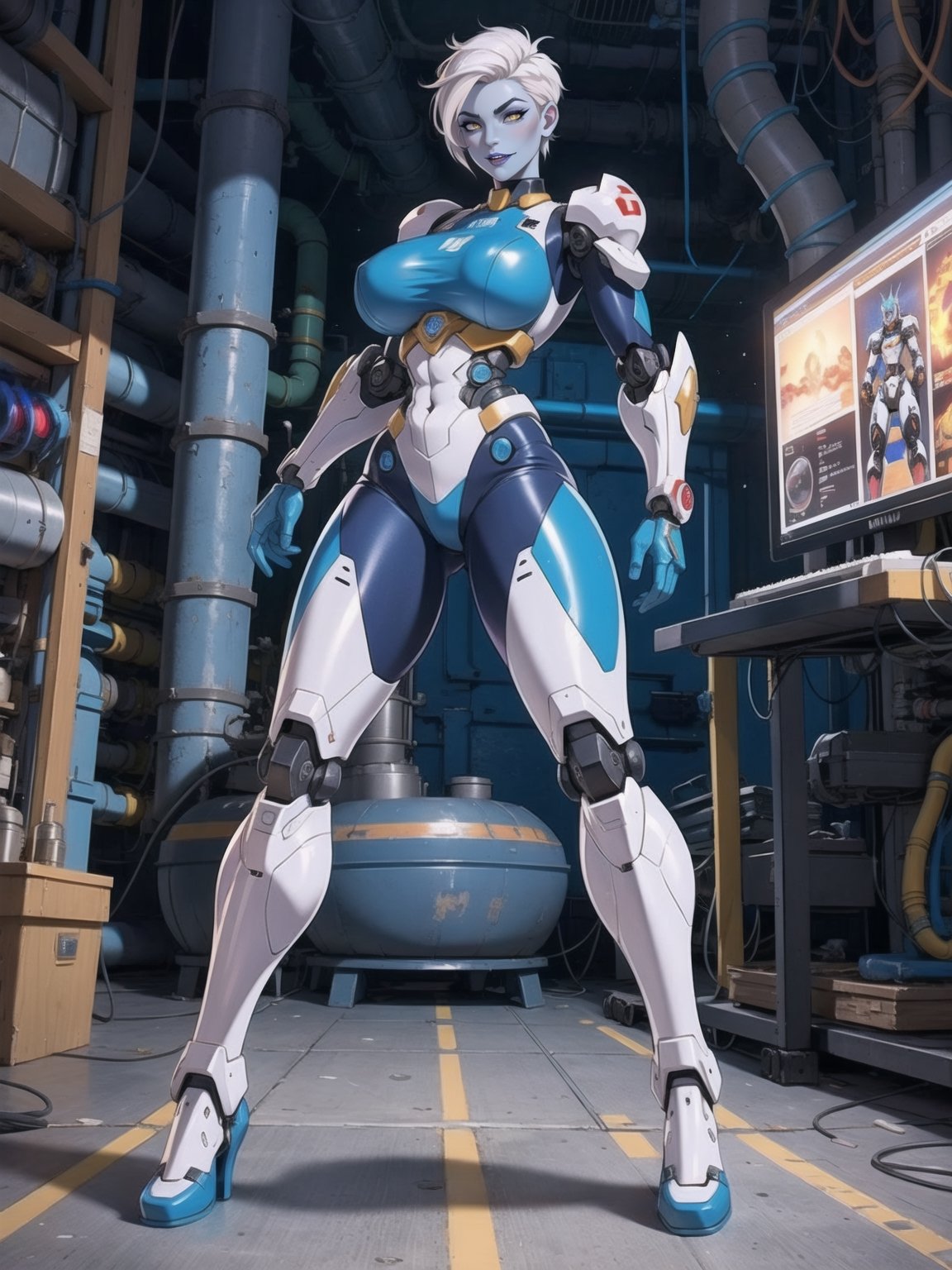 A woman, ((all-white mecha costume with blue parts + metallic cybernetic armor with lights, costume covering everything)), very tight suit and stuck to the body. Gigantic breasts, very short hair, white hair, mohawk hair, hair with bangs in front of the eyes. Looking directly at the viewer, in a nuclear power plant, with many radiation machines, computers, large structures, forging machines, loading vehicles. ((sensual pose with interaction and leaning on anything + object+on something + leaning against)) + present in a nuclear power plant, ((nuclear, mecha, robotic limbs)), 16K, UHD, Unreal Engine 5, (full body:1.5), quality max, max resolution, ultra-realistic, maximum sharpness, More detail, perfect_legs, perfect_thighs, perfect_feet, perfect_hands, better_hands. (blue skin)