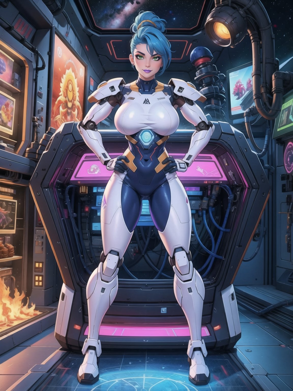 a woman, wearing an all-white mecha suit with blue parts+cybernetic armor+robotic suit, gigantic breasts, wearing a helmet on her head with a visor, blue hair, short hair, mohawk hair, hair with bangs in front of her eyes, ((((looking directly at the viewer, sensual pose + Interacting + leaning on anything + object + leaning against)))), in a space aircraft, with many machines, large structures, computers, windows, elevators, light pipes, robots, 16K, UHD, ((((full body)))), unreal engine 5, super metroid, mecha, quality max, max resolution, ultra-realistic, ultra-detailed, maximum sharpness, perfect_hands, better_hands, more detail,