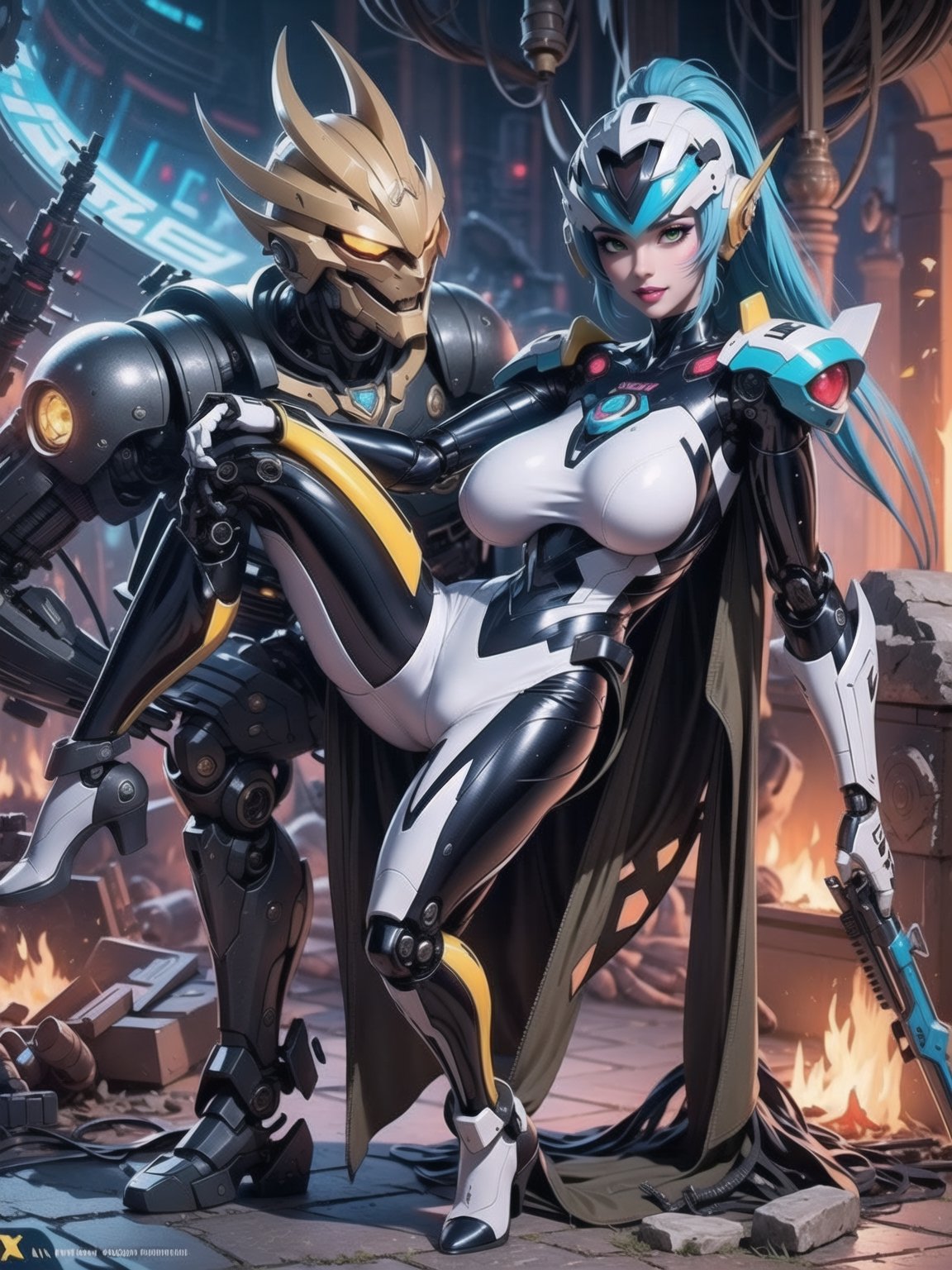 Solo female, ((wearing mecha suit+robotic suit completely white, with blue parts, more yellow lights, suit with attached weapons, gigantic breasts, wearing cybernetic helmet with visor)), mohawk hair, blue hair, messy hair, hair with ponytail, looking directly at the viewer, she is, in a dungeon, with a waterfall, large stone altars, stone structures, machines, robots, large altars of ancient gods, figurines, Super Metroid, ultra technological, Zelda, Final Fantasy, worldofwarcraft, (full body:1.5), 16K, UHD, Unreal Engine 5, quality max, max resolution, maximum sharpness, (((sensual pose with interaction and leaning on anything+object+on something+leaning against))) + ((perfect_thighs, perfect_legs, perfect_feet)), better_hands, More detail, 