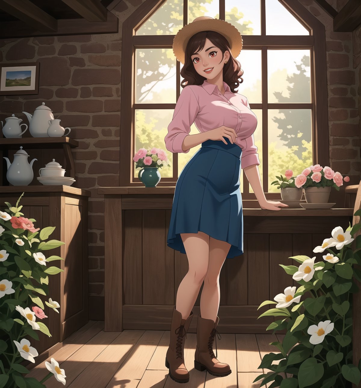 A masterpiece with realistic and adventure styles, rendered in ultra-detailed 4K. | A 30-year-old woman with pink and blue, wavy and curly hair is wearing a pink linen blouse, a blue linen dress and a pink linen skirt. She also wears brown leather boots and a straw hat. She has red eyes, and is smiling and showing her teeth, wearing red lipstick, looking directly at the viewer. She is in a farmhouse, a cozy, rural place with red brick walls, wooden windows, a cellar covered in vines, and a garden full of colorful flowers. Sunlight enters through the windows, illuminating the room and creating a warm and cozy atmosphere. The atmosphere is tranquil and peaceful, with the sound of birds chirping and the gentle wind passing through the trees. | The image highlights the figure of the woman and the rural setting. Sunlight highlights the details of the farmhouse and the natural elements of the garden. | Soft, dramatic lighting effects create a warm, cozy atmosphere, while detailed textures on clothing, skin, and natural elements add realism to the image. | A 30-year-old woman in a warm, rural setting, exploring themes of adventure, nature and beauty. | (((((The image reveals a full-body shot as she assumes a sensual pose, engagingly leaning against a structure within the scene in an exciting manner. She takes on a sensual pose as she interacts, boldly leaning on a structure, leaning back in an exciting way.))))). | ((full-body shot)), ((perfect pose)), ((perfect fingers, better hands, perfect hands)), ((perfect legs, perfect feet)), ((huge breasts)), ((perfect design)), ((perfect composition)), ((very detailed scene, very detailed background, perfect layout, correct imperfections)), More Detail, Enhance