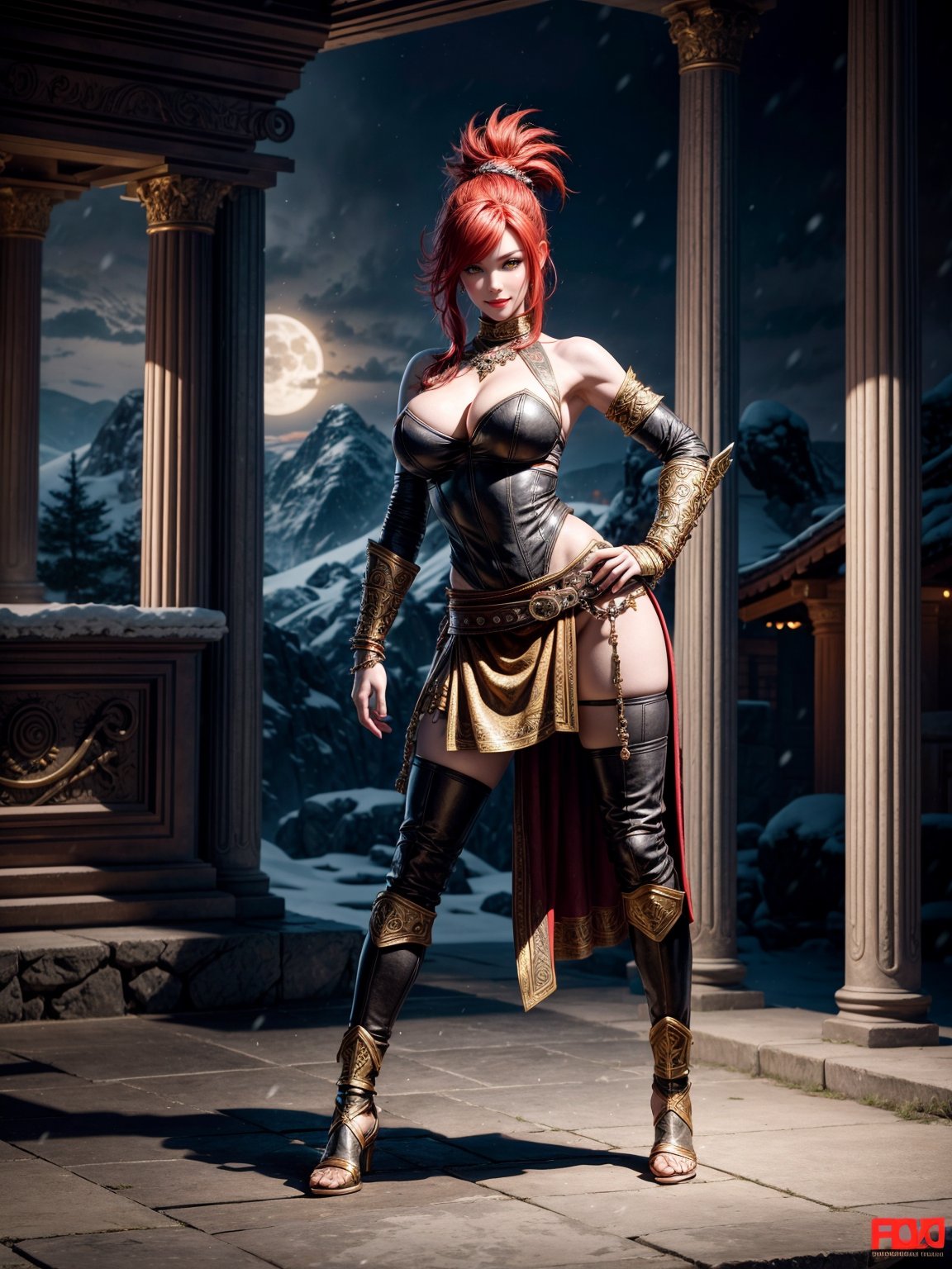 1woman, black armor with golden props, leather skirt with golden props, tight clothing on the body and erotic, absurdly giant breasts, red hair, mohawk hair, extremely short hair, hair with ponytail, hair with bangs in front of the eyes, helmet on the head, looking at the viewer, (((erotic pose interacting and leaning on something))), in an Arcadian temple with large figurines, sculptures, altars, pedestals, mountain background, snowing hard, at night, full moon top left, ((God of War)), ((full body):1.5), 16k, UHD, best possible quality, ((ultra detailed):1), best possible resolution, Unreal Engine 5, professional photography, perfect_hands