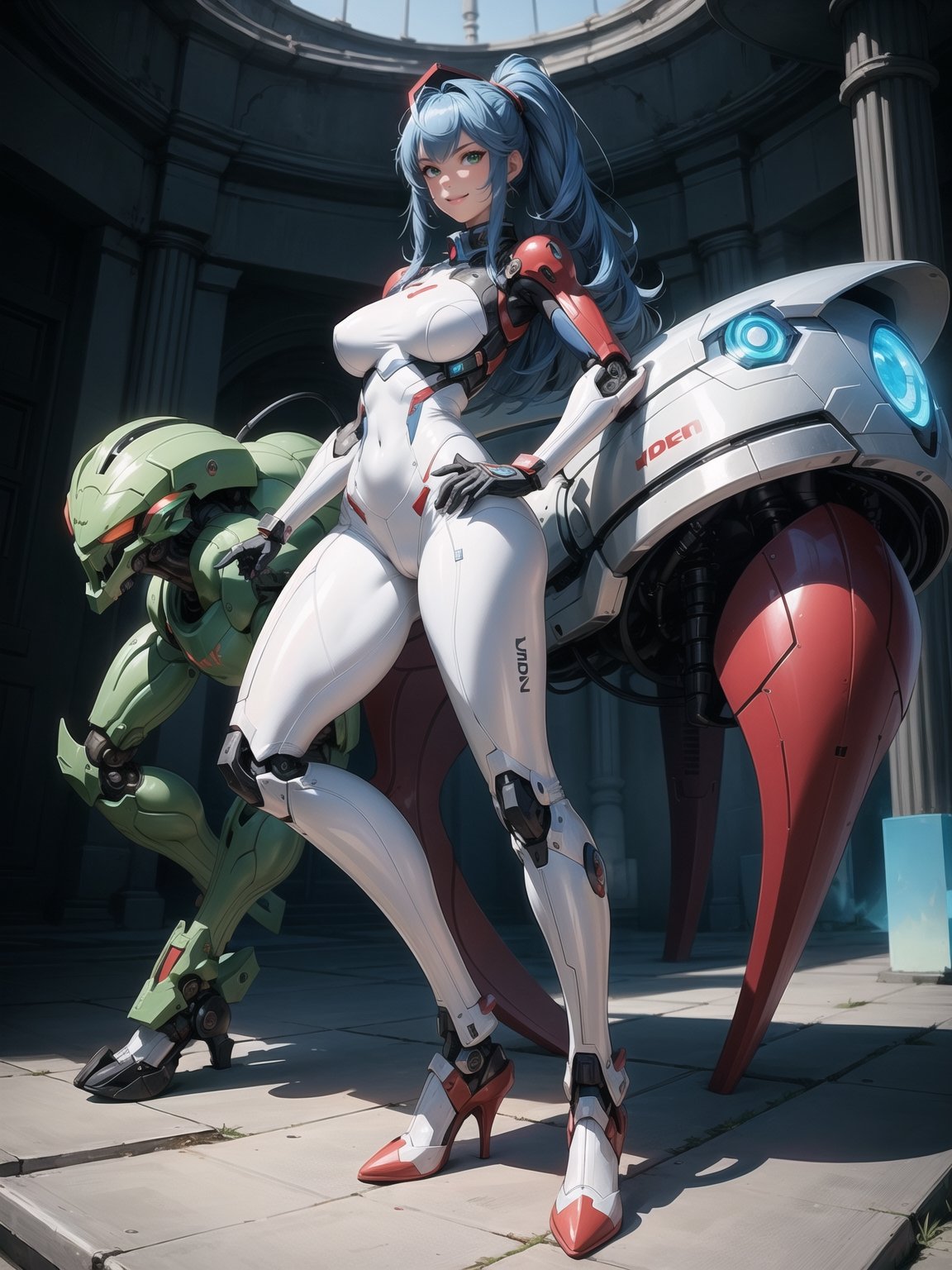 A woman, wearing mecha+mecha armor+robotic armor, white suit with red parts+lights, tight and tight suit on the body, gigantic breasts, short hair, blue hair, c hair fastened, hair with bangs in front of the eyes, hair slick, (((looking at the viewer, sensual pose+Interacting+leaning on anything+object+leaning against))) in a very old alien tomb,  with large structures, technological altars, mechanical structures, full_body, 16K, UHD, unreal engine 5, quality max, max resolution, ultra-realistic, ultra-detailed, maximum sharpness, ((perfect_hands, perfect_legs)), Goodhands-beta2, ((mecha+ style super_metroid)), (full_body:1.5)