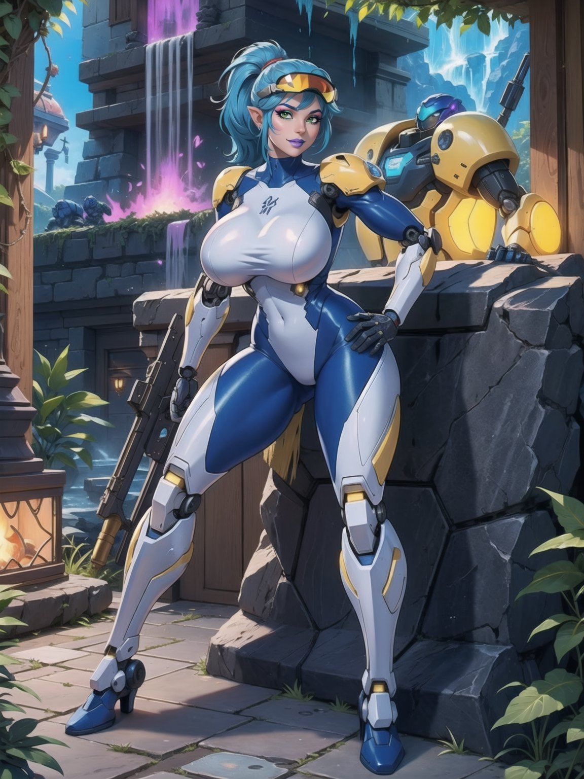 Solo female, ((wearing mecha suit+robotic suit completely white, with blue parts, more yellow lights, suit with attached weapons, gigantic breasts, wearing cybernetic helmet with visor)), mohawk hair, blue hair, messy hair, hair with ponytail, looking directly at the viewer, she is, in a dungeon, with a waterfall, large stone altars, stone structures, machines, robots, large altars of ancient gods, figurines, Super Metroid, ultra technological, Zelda, Final Fantasy, worldofwarcraft, UHD, best possible quality, ultra detailed, best possible resolution, Unreal Engine 5, professional photography, she is (((interaction and leaning on anything+object+on something+leaning against+sensual pose))), better_hands, (full body), More detail