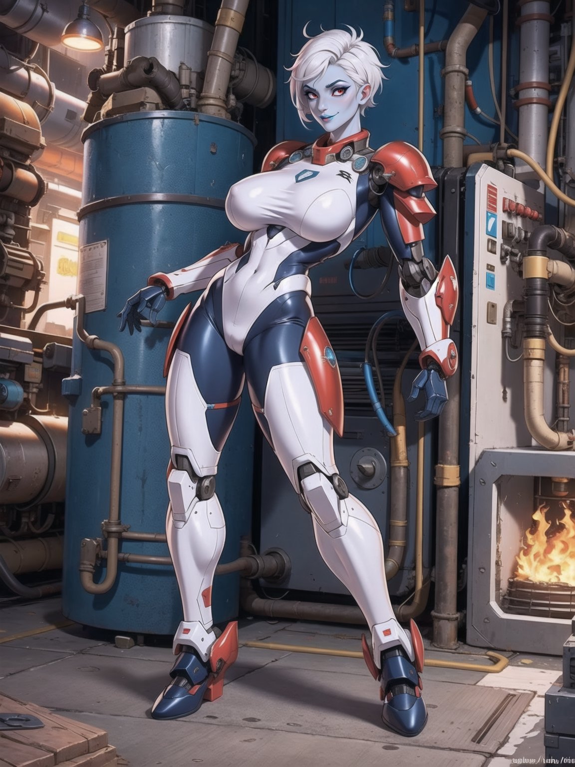 A woman, ((all-white mecha costume with red parts + metallic cybernetic armor with lights, costume covering everything)), very tight suit and stuck to the body. Gigantic breasts, very short hair, white hair, mohawk hair, hair with bangs in front of the eyes. Looking directly at the viewer, in a nuclear power plant, with many radiation machines, computers, large structures, forging machines, loading vehicles. ((sensual pose with interaction and leaning on anything + object+on something + leaning against)) + present in a nuclear power plant, ((nuclear, mecha, robotic limbs)), 16K, UHD, Unreal Engine 5, (full body:1.5), quality max, max resolution, ultra-realistic, maximum sharpness, More detail, perfect_legs, perfect_thighs, perfect_feet, perfect_hands, better_hands. (blue skin)