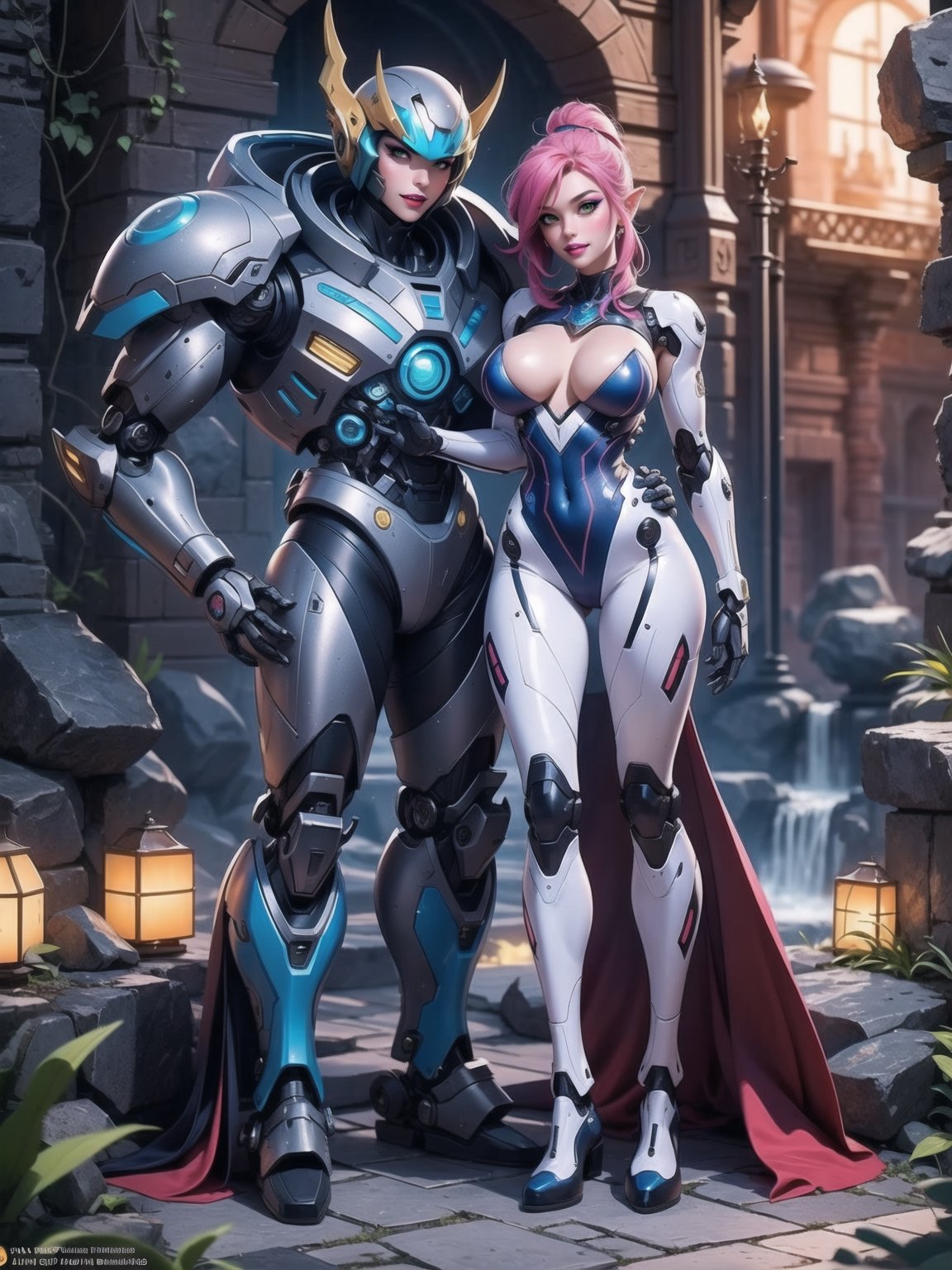 Solo female, ((wearing mecha suit+robotic suit completely white, with blue parts, more yellow lights, suit with attached weapons, gigantic breasts, wearing cybernetic helmet with visor)), mohawk hair, blue hair, messy hair, hair with ponytail, looking directly at the viewer, she is, in a dungeon, with a waterfall, large stone altars, stone structures, machines, robots, large altars of ancient gods, figurines, Super Metroid, ultra technological, Zelda, Final Fantasy, worldofwarcraft, (full body:1.5), 16K, UHD, Unreal Engine 5, quality max, max resolution, ultra-realistic, maximum sharpness, (((sensual pose with interaction and leaning on anything + object + on something + leaning against))) + ((perfect_thighs, perfect_legs, perfect_feet)), better_hands, More detail, 