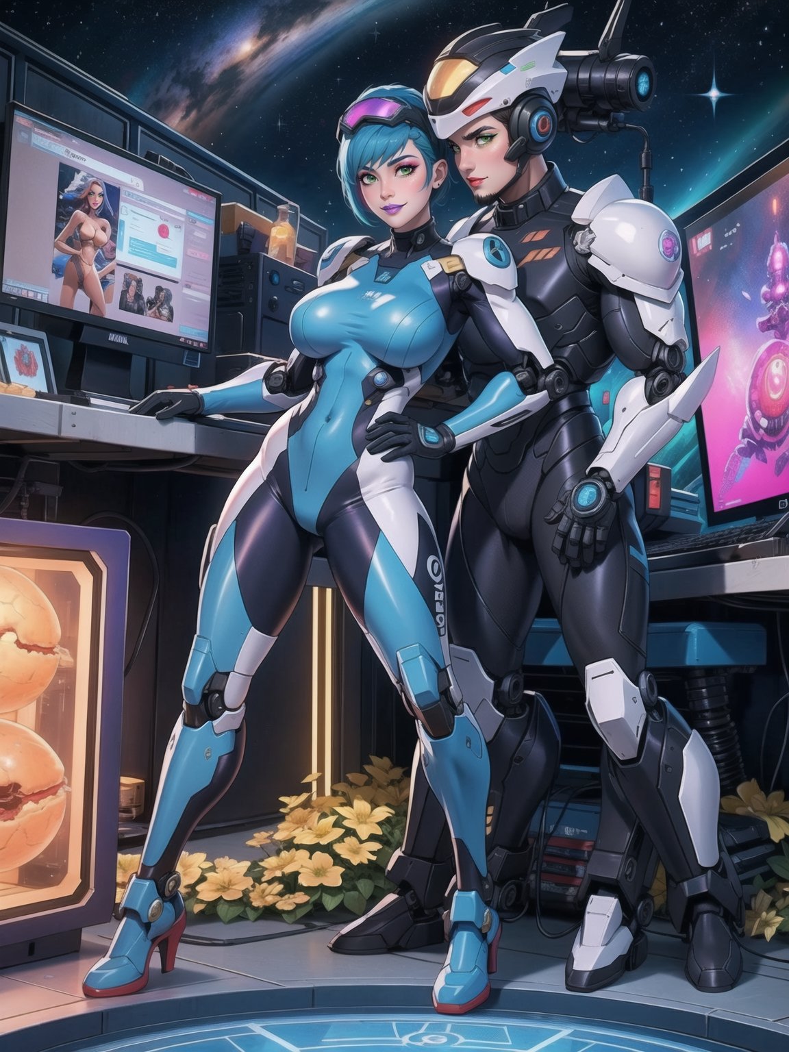 a woman, wearing an all-white mecha suit with blue parts+cybernetic armor+robotic suit, gigantic breasts, wearing a helmet on her head with a visor, blue hair, short hair, mohawk hair, hair with bangs in front of her eyes, (((looking directly at the viewer, sensual pose + Interacting + leaning on anything + object + leaning against))) + in a space aircraft, with many machines, large structures, computers, windows, elevators, light pipes, robots, 16K, UHD, (full body:1.5), unreal engine 5, super metroid, mecha, quality max, max resolution, ultra-realistic, ultra-detailed, maximum sharpness, perfect_hands, better_hands, more detail,