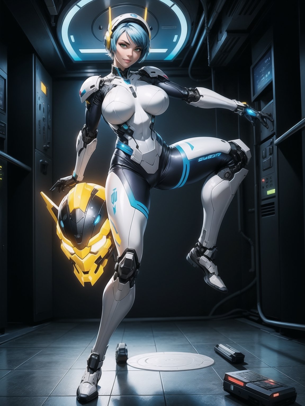 A woman, wearing mecha suit+robotic suit+cybernetizo suit, white+blue parts+yellow lights, very tight costume on the body, ((gigantic breasts, helmet on the head)), blue hair, very short hair, hair with bangs in front of the eyes, is looking at the viewer, (((((action pose with interaction and leaning on anything + object + leaning against))))) in an alien dungeon, with futuristic machines, computers on the walls, control panels, slimes, aliens with cybernetic armor, ((full body):1.5), 16k, UHD, maximum quality, maximum resolution, ultra-realistic, ultra-detailed, ((perfect_hands):1) , Furtastic_Detailer, Goodhands-beta2