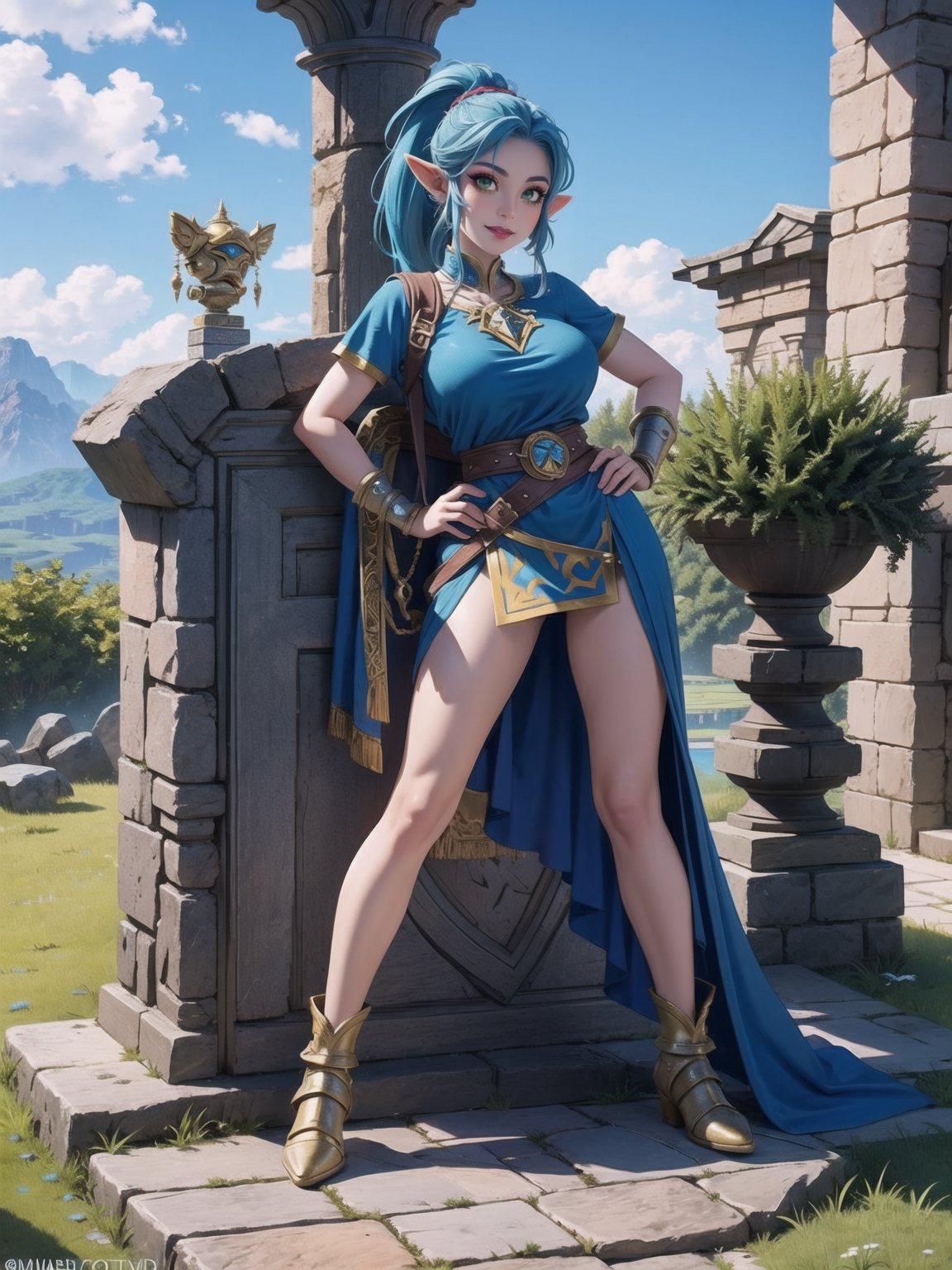 Solo woman, blue T-shirt with Golden parts, short white skirt with Golden props, ((Hyrule warrior costume)), gigantic breasts, mohawk hair, blue hair, messy hair, hair with ponytail, looking directly at the viewer, she is, on a mountain, with many monsters, robots, large ancient machines, many stones, 1water, large pillars, stone altars, zelda tears of the kingdom, 16K, UHD, best possible quality, ultra detailed, best possible resolution, Unreal Engine 5, professional photography, she is, (((iInteracting and leaning on anything+object+on something+leaning against+sensual pose))), better_hands, ((full body)), More detail