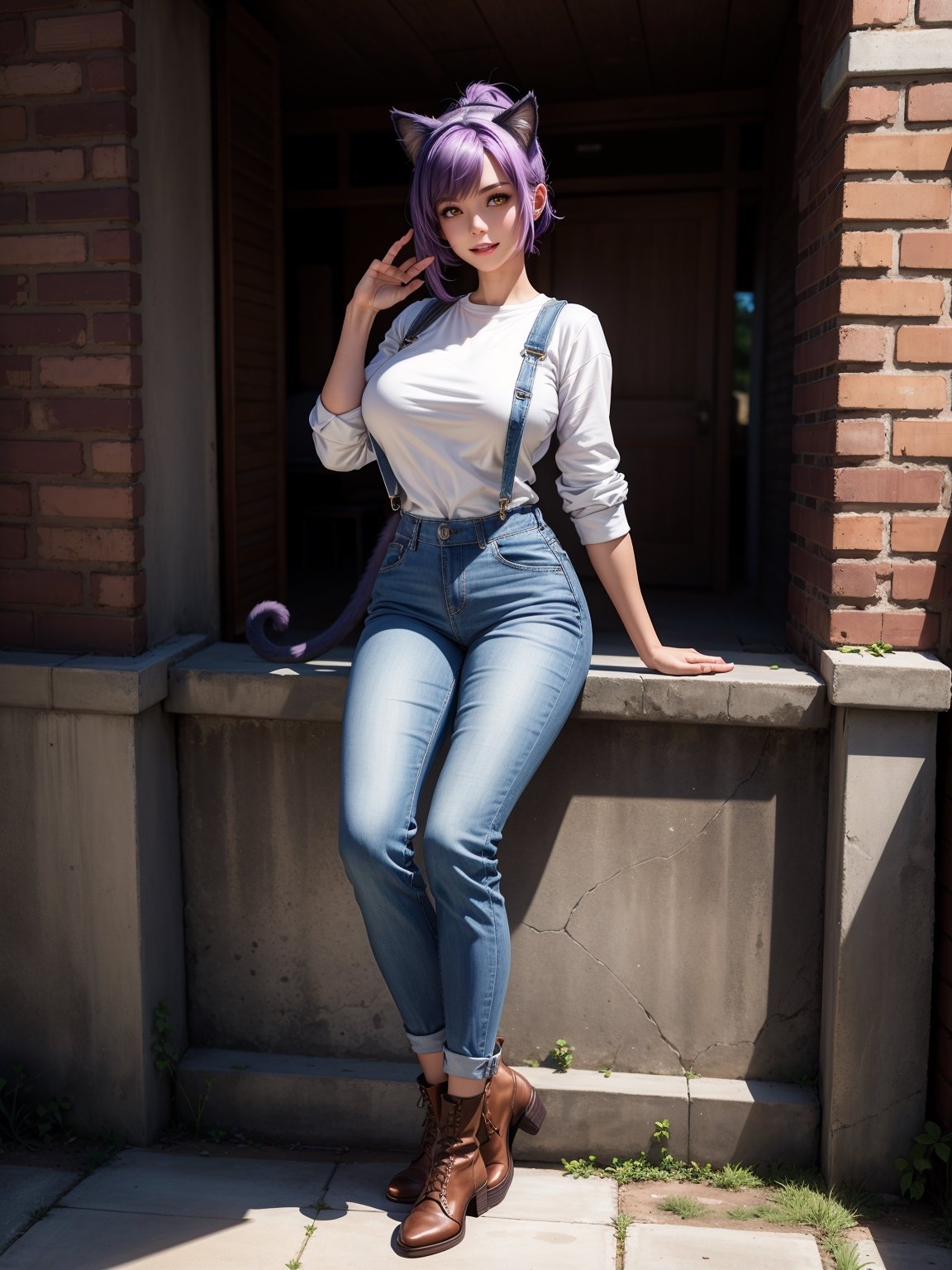 A woman, wearing blue jeans overalls, white t-shirt, leather boots, tight clothes, gigantic breasts, purple hair, short hair with a ponytail, ((cat ears on her head)), looking at the viewer, ((posing with interaction and leaning on [something|an object])), in front of a brick house with a chair, structures, mailbox, it's daytime, ((full body):1.5), 16k, UHD, best possible quality, ultra detailed, best possible resolution, Unreal Engine 5, professional photography, hand and fingers well done, well-structured fingers and hands, well-detailed fingers, well-detailed hand, perfect_hands, perfect, ((cat woman))