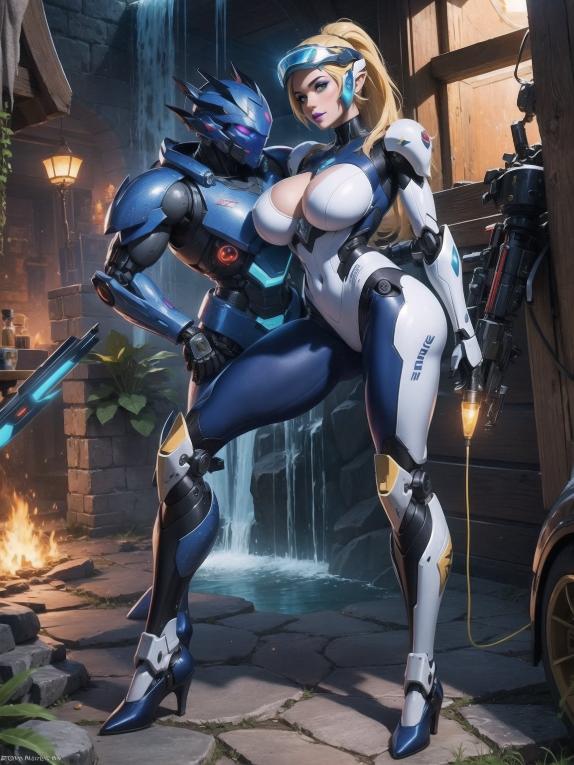 Solo female, ((wearing mecha suit+robotic suit completely white, with blue parts, more yellow lights, suit with attached weapons, gigantic breasts, wearing cybernetic helmet with visor)), mohawk hair, blue hair, messy hair, hair with ponytail, looking directly at the viewer, she is, in a dungeon, with a waterfall, large stone altars, stone structures, machines, robots, large altars of ancient gods, figurines, Super Metroid, ultra technological, Zelda, Final Fantasy, worldofwarcraft, UHD, best possible quality, ultra detailed, best possible resolution, Unreal Engine 5, professional photography, she is (((sensual pose with interaction and leaning on anything+object+on something+leaning against))), better_hands, (full body), More detail
